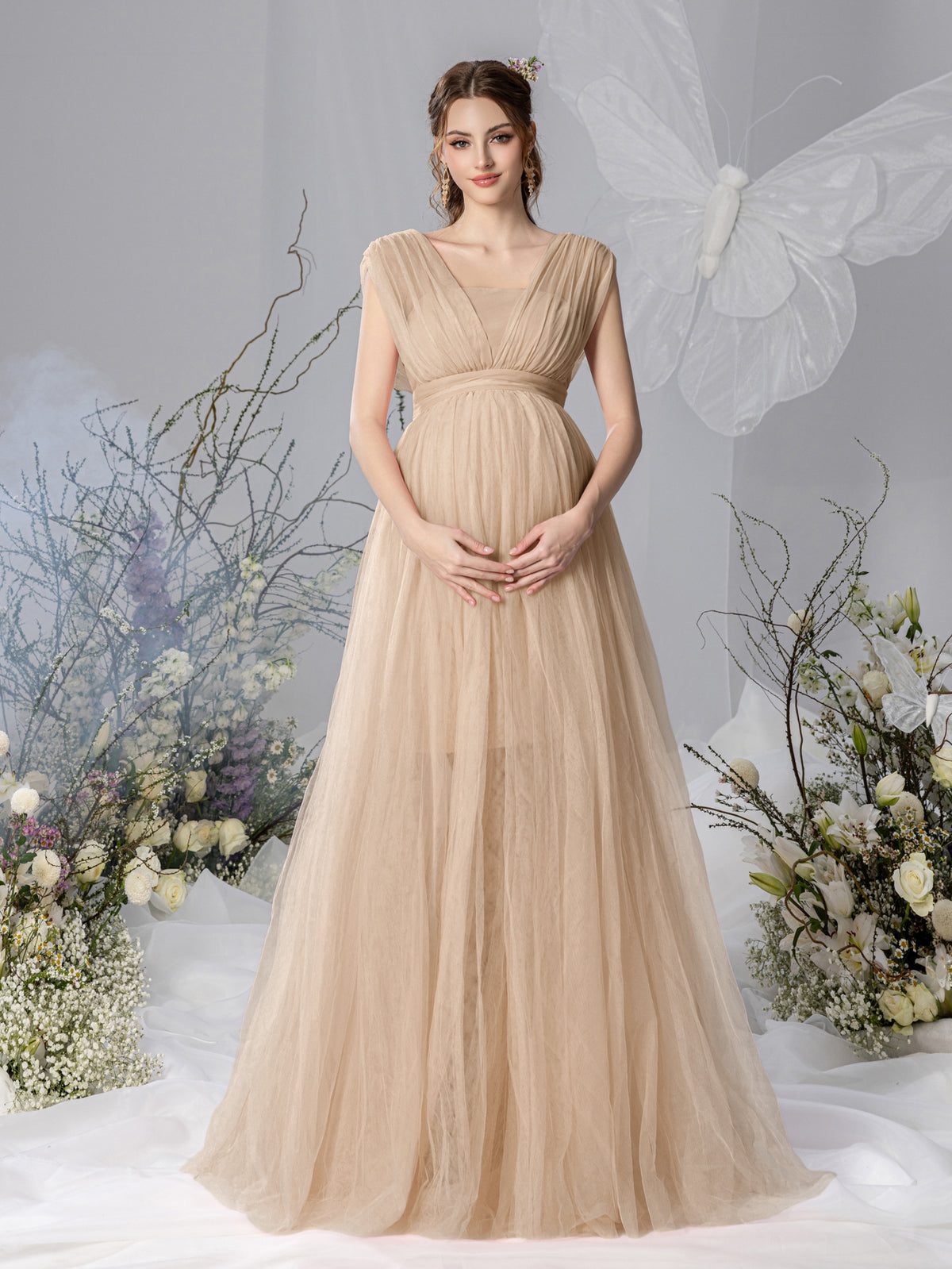 Maternity V Neck Backless Mesh Party Dress