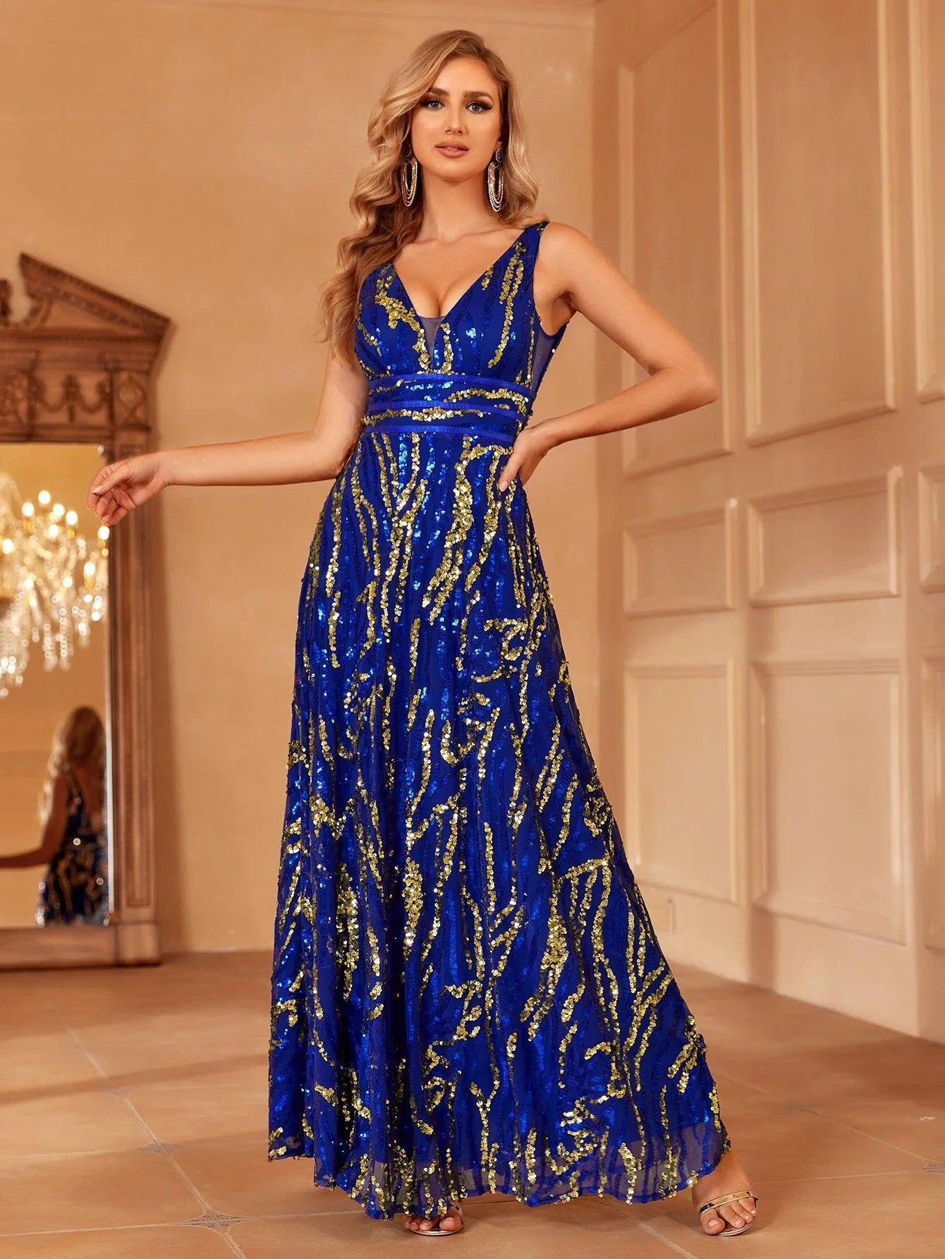 Plunging Neck Backless Sequin Prom Dress - Elonnashop