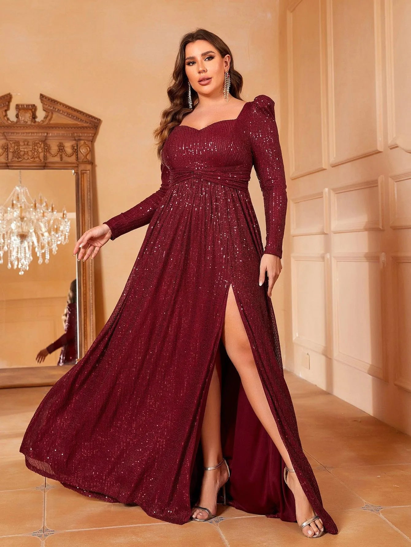 Plus Sweetheart Neck Split Sequin Dresses - Elonnashop