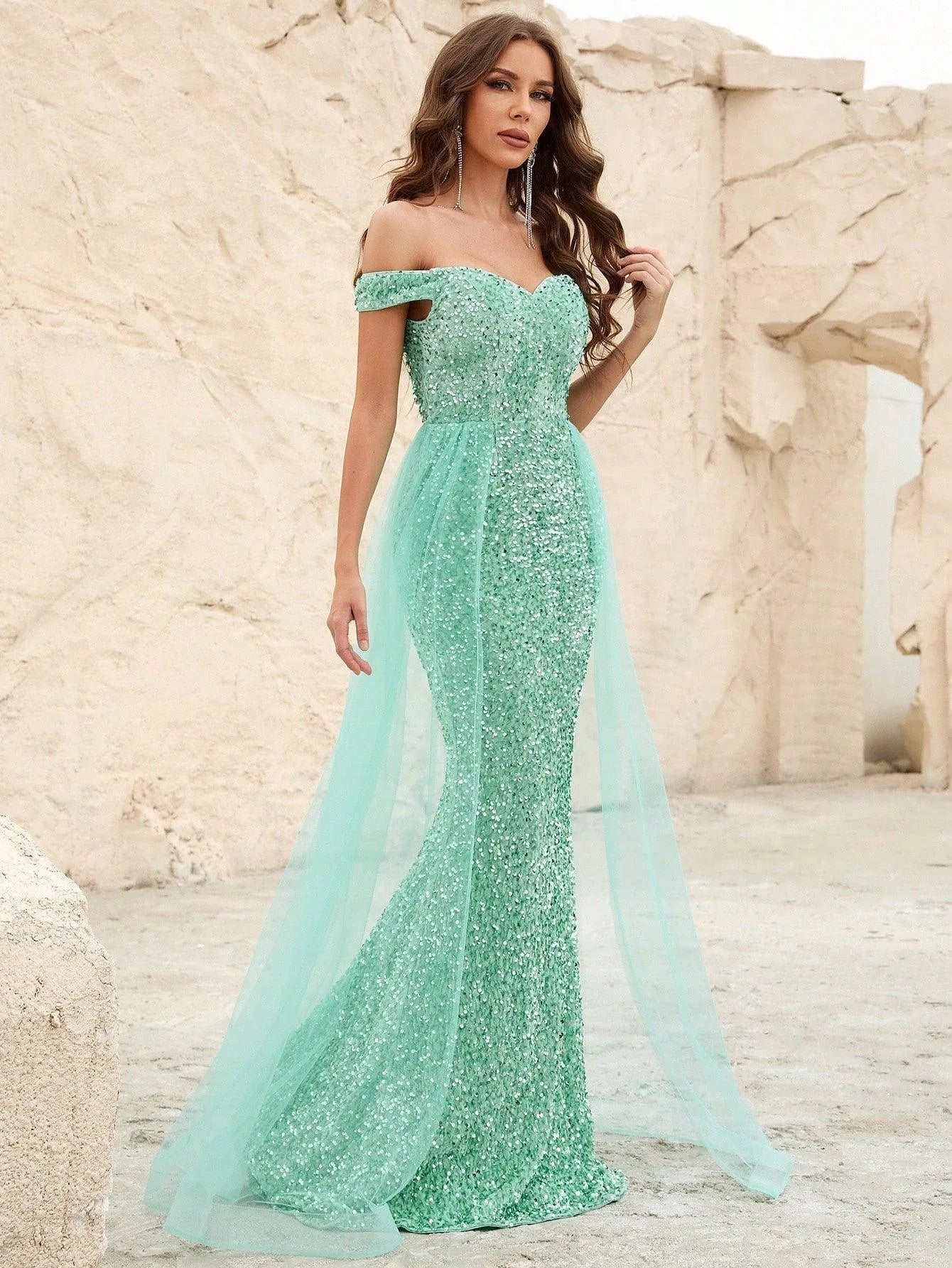 Off Shoulder Sequin Mermaid Dresses Mesh Layer On Waist - Elonnashop