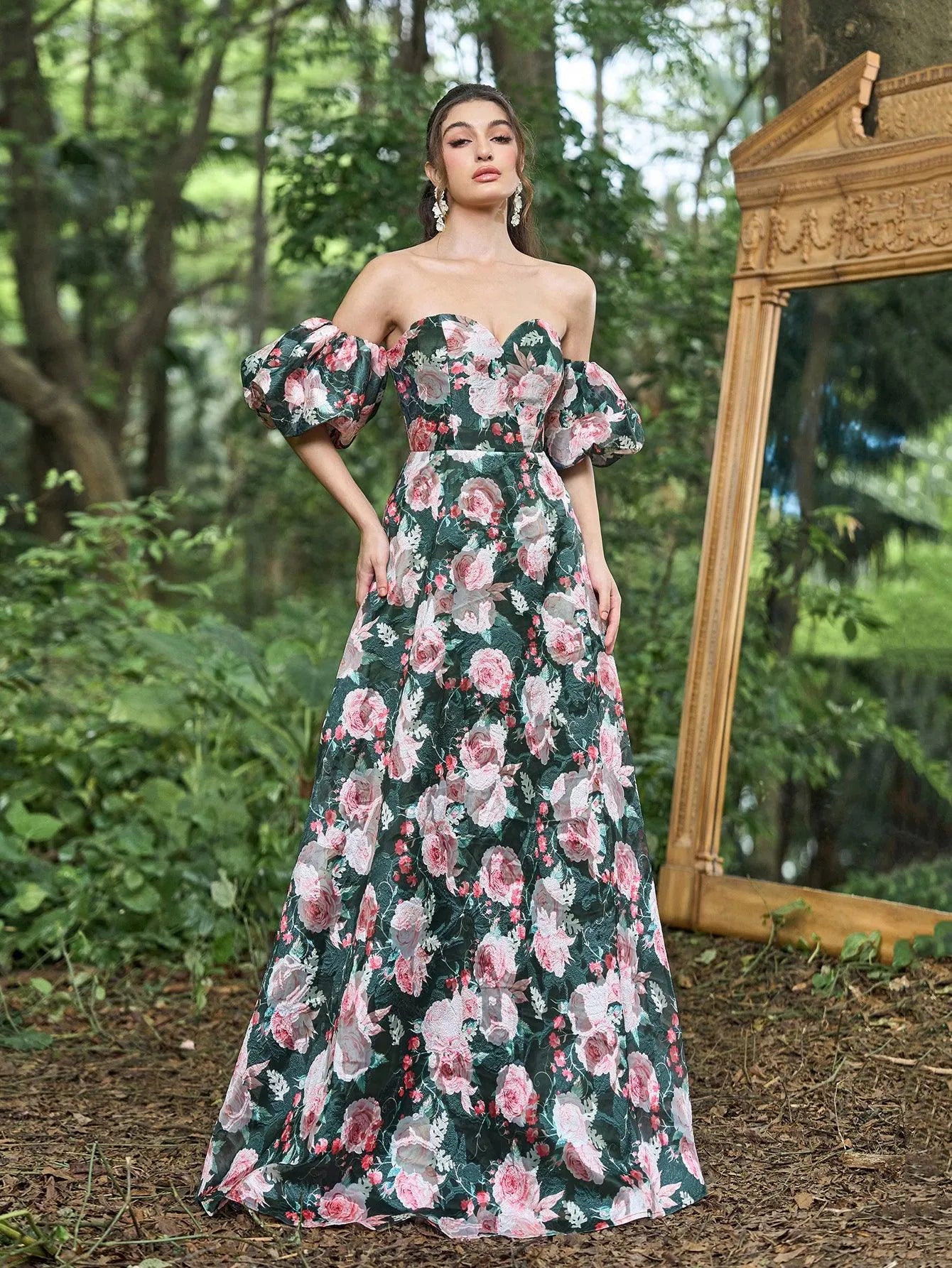 Floral Jacquard Off Shoulder Puff Sleeves Prom Dress - Elonnashop