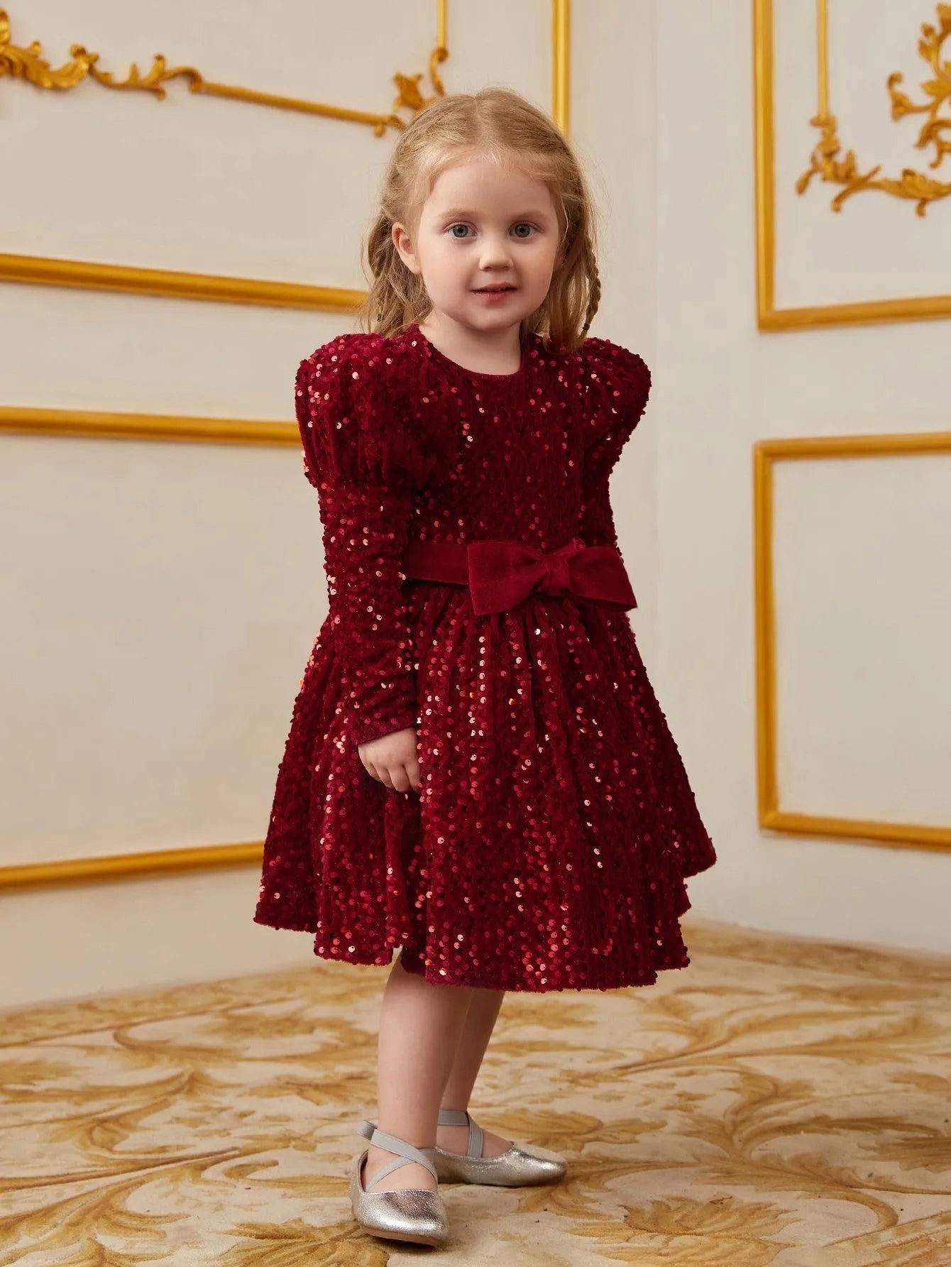 Young Girls' Gigot Sleeve Bow Decor Sequin Midi Dress - Elonnashop