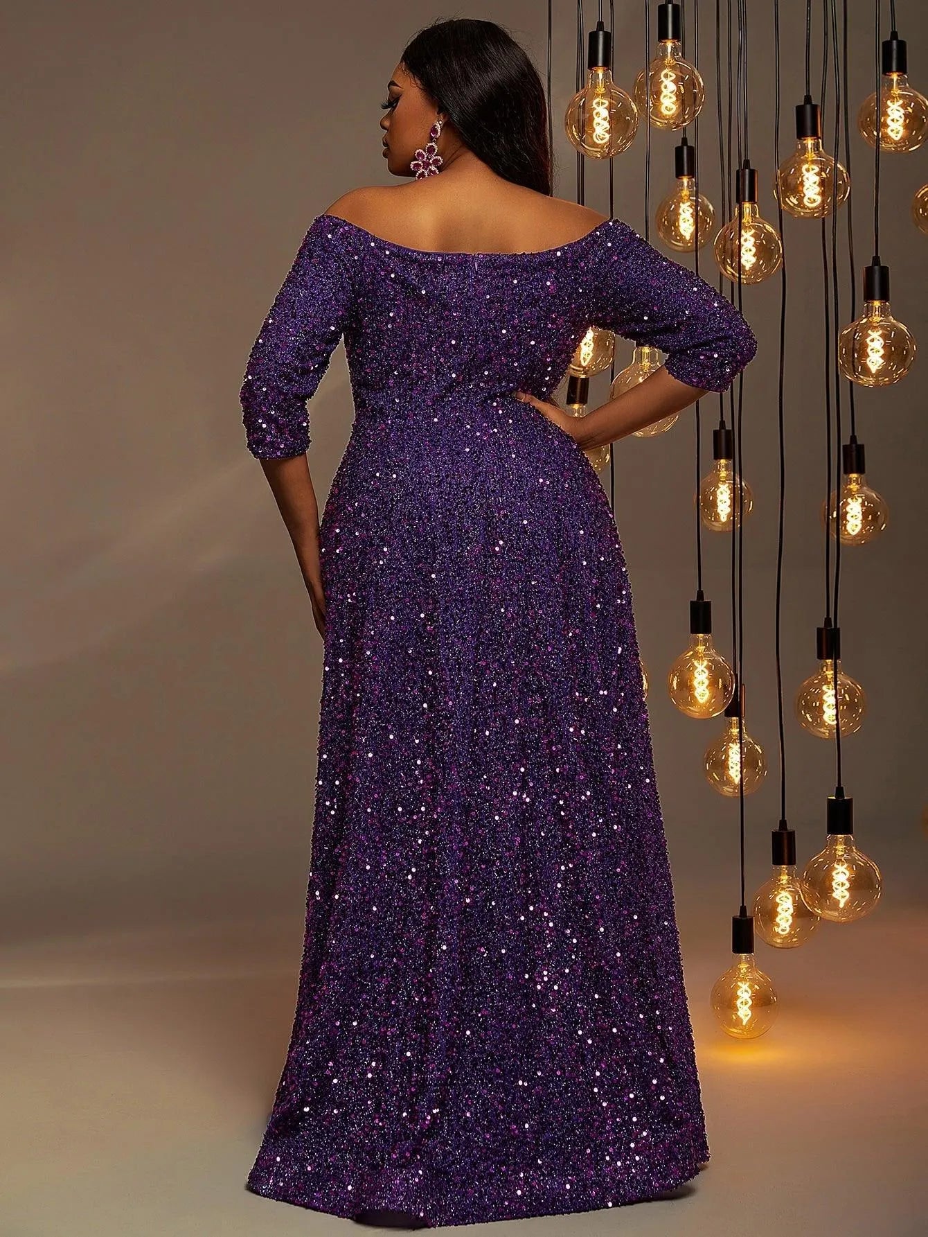 Plus Off Shoulder 3/4 Sleeves Sequin A Line Dress - Elonnashop