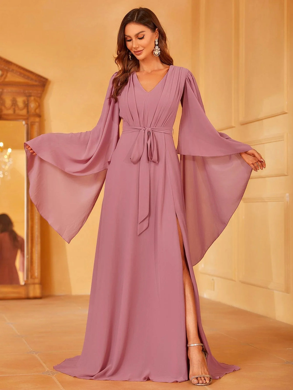 Solid Flounce Sleeve Chiffon Bridesmaid dress - Elonnashop