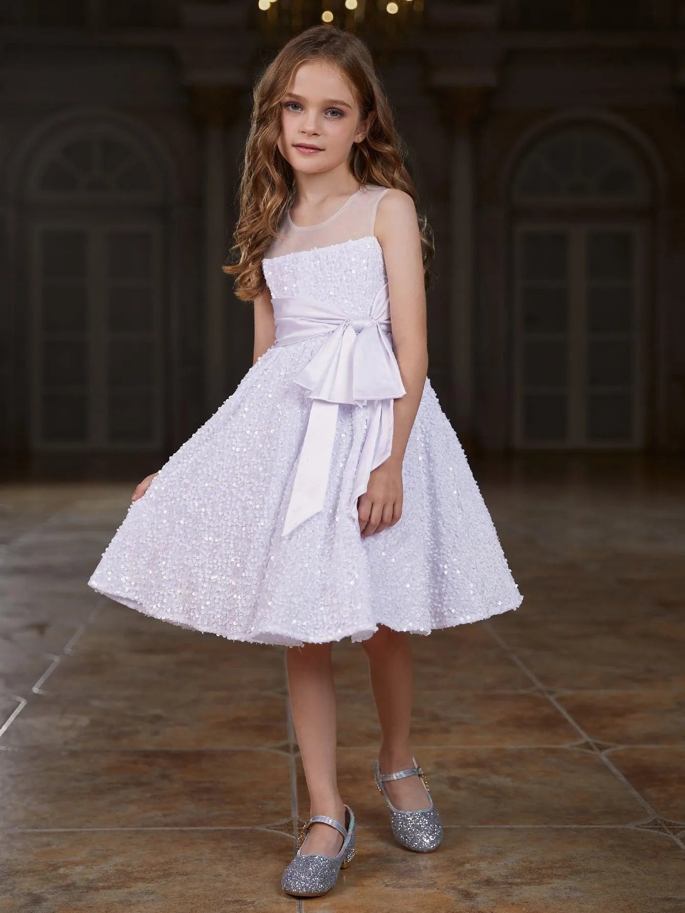 Tween Girls' Cute Sleeveless Knot Side Sequin A Line Dress - Elonnashop