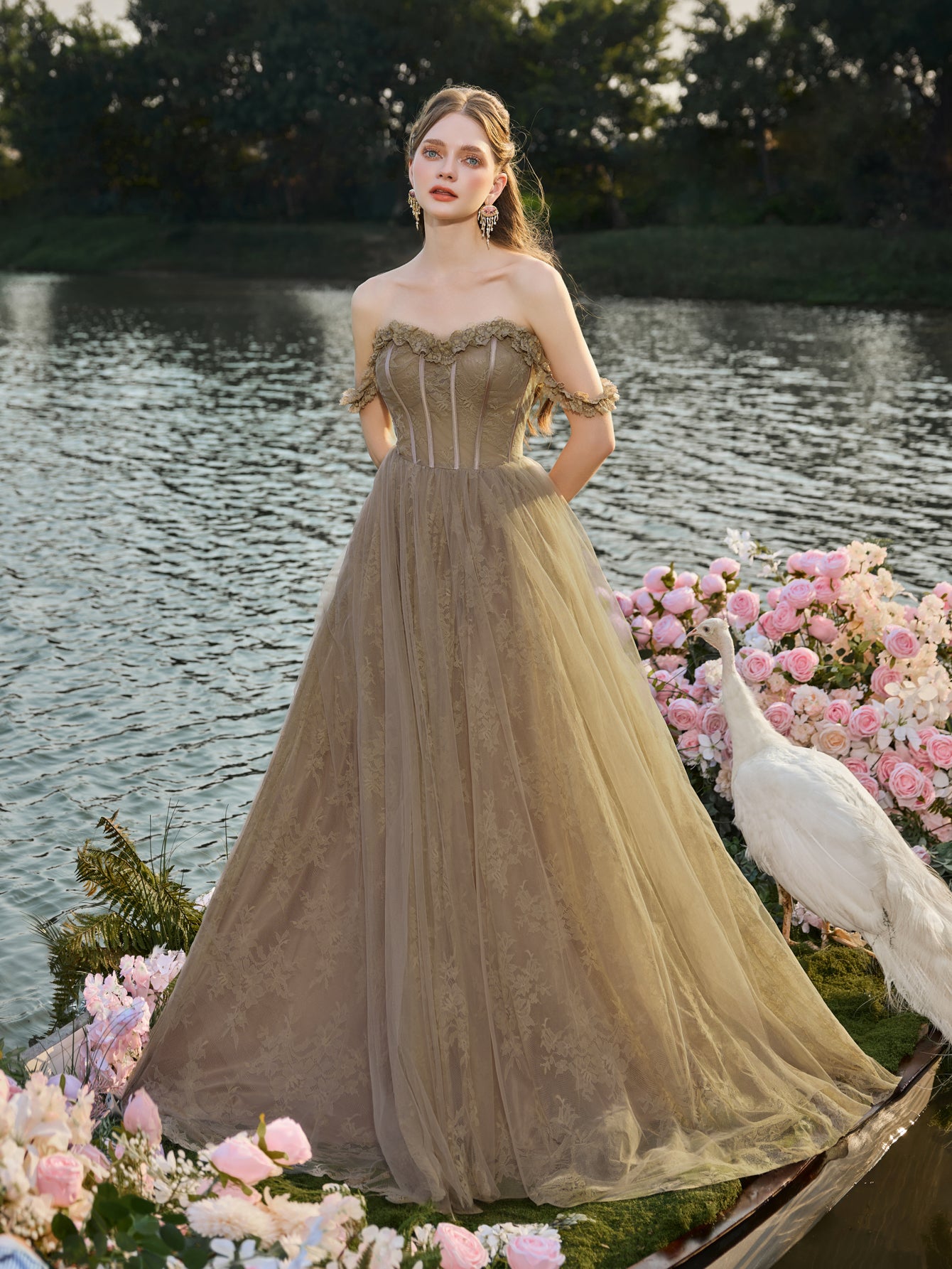 Elegant Off Shoulder Lace Bodice Contrast Tulle Hem Wedding Dress Elonnashop Elegant Off Shoulder Lace Bodice Contrast Tulle Hem Wedding Dress Elonnashop