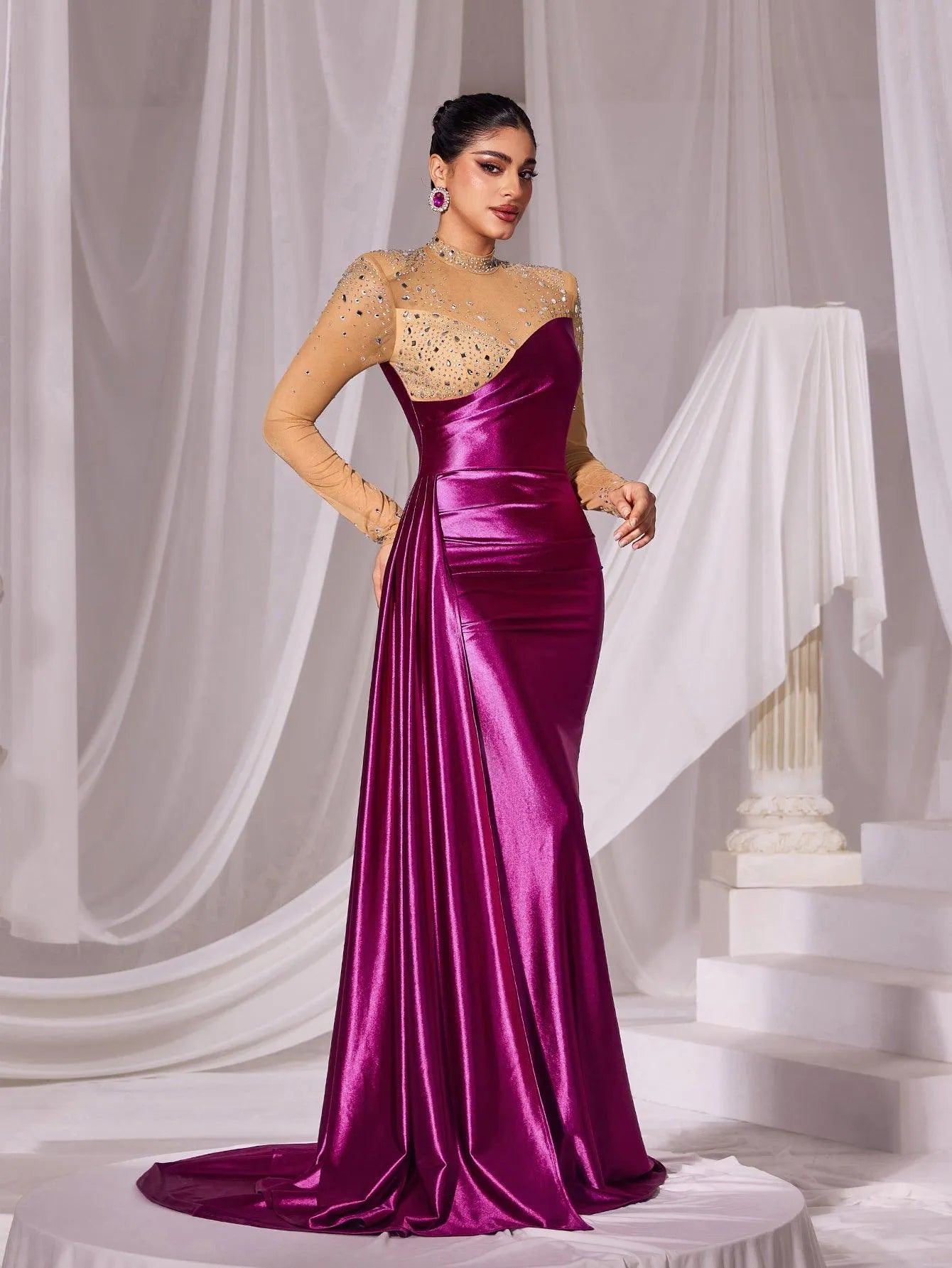 Rhinestone Detail Mock Neck Satin Mermaid Prom Dress - Elonnashop