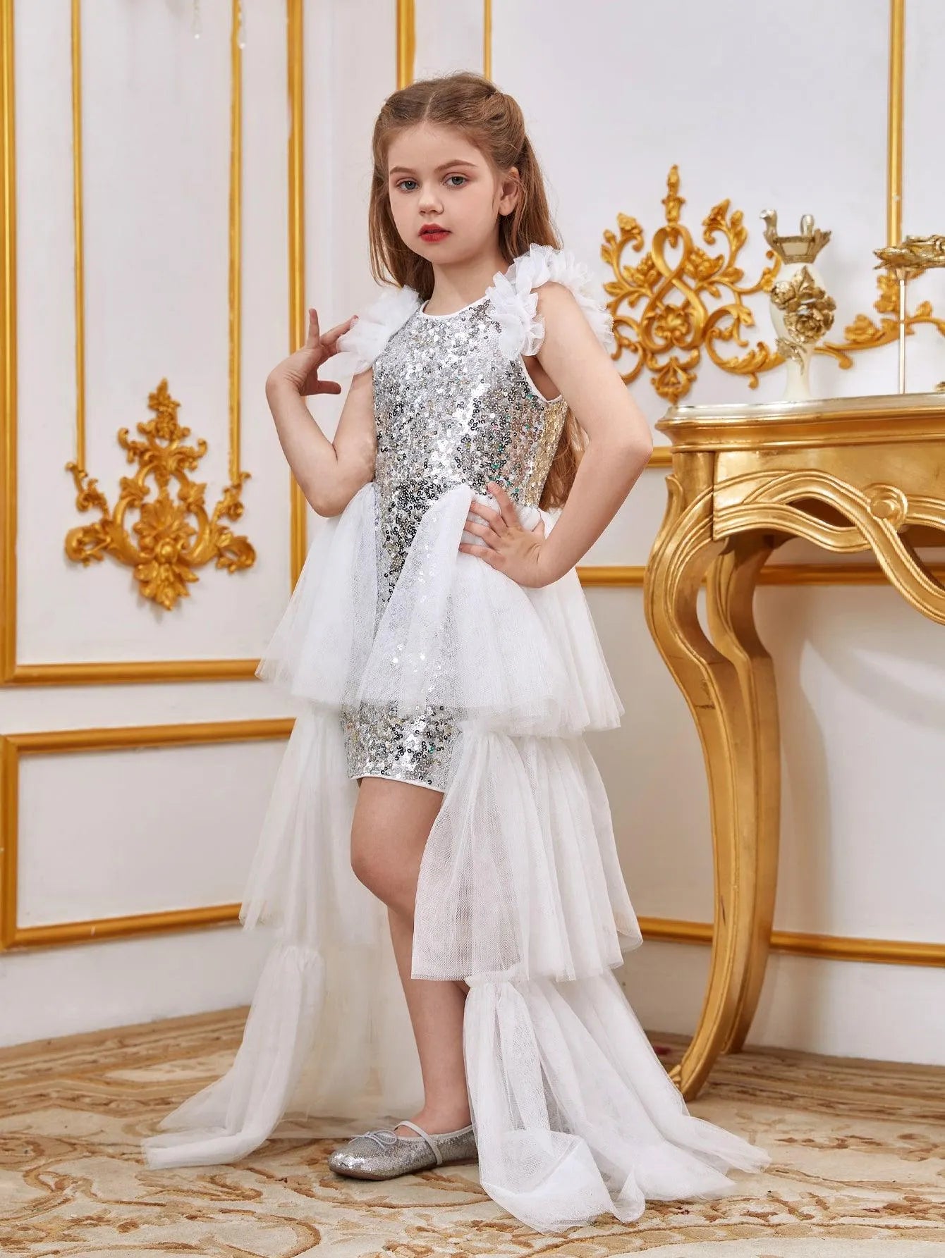 Tween Girls' Sleeveless Mesh Layered Hem Sequin Party Dress - Elonnashop