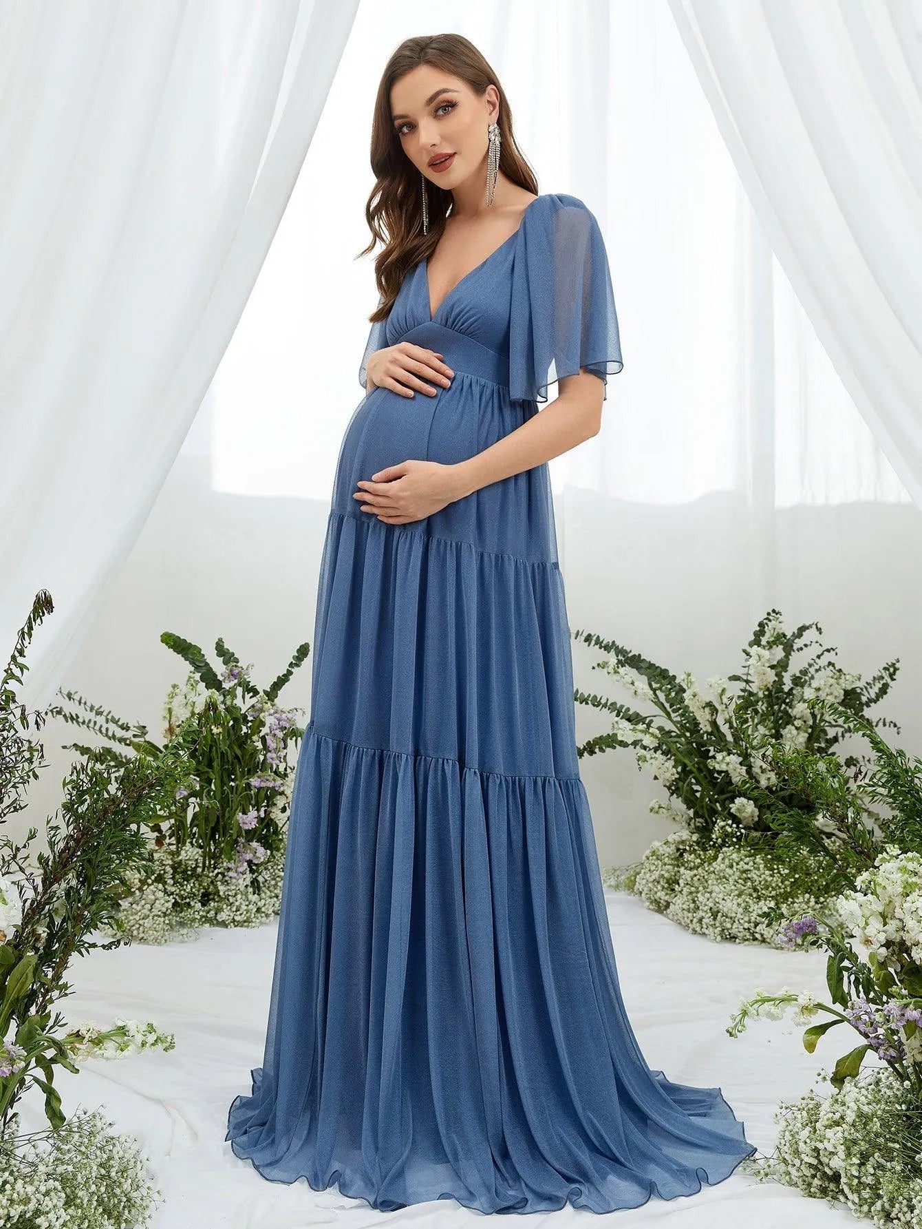 Maternity Plunging Neck Butterfly Sleeve Ruffle Hem Dress - Elonnashop