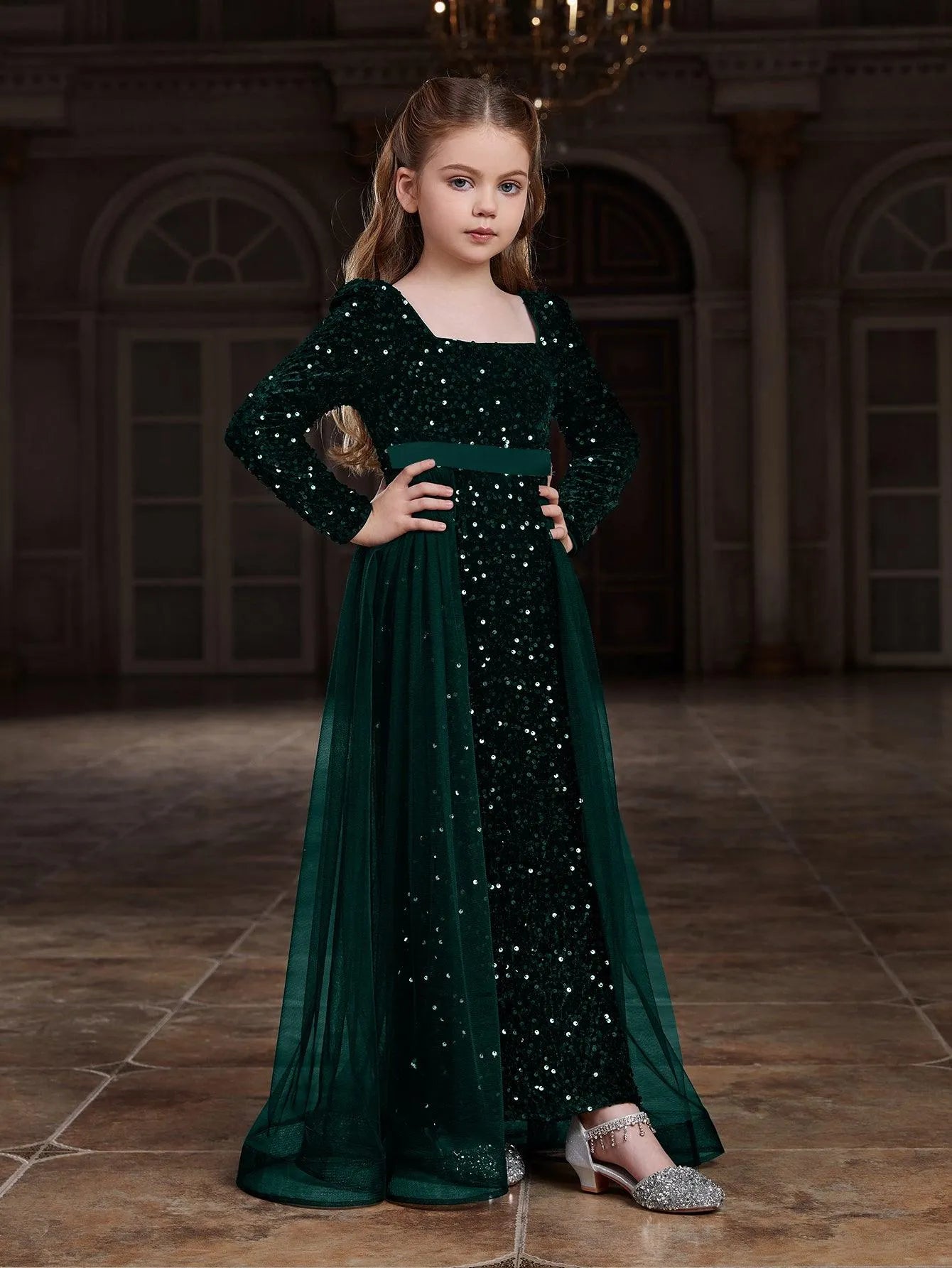 Tween Girls' Square Collar Long Sleeves Sequin Mermaid Dress Red / 9Y Tween Girls' Square Collar Long Sleeves Sequin Mermaid Dress Red / 9Y