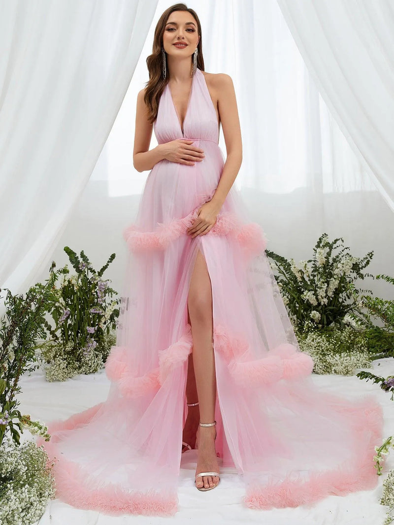 navy blue dress for baby girl Momyknows Beige 2 Piece Smocked Ruffle Backless Flowy Elegant Vacation  Beach Photoshoot Maternity Maxi Dress main image 1
