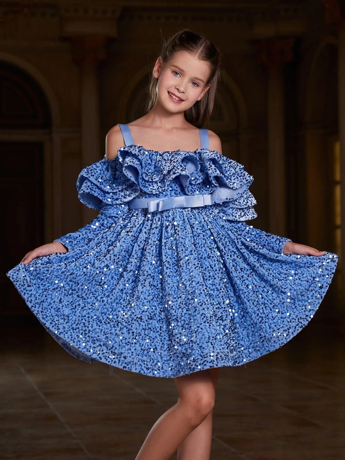 Tween Girls' Off Shoulder Layered Ruffle Trim Sequin Party Dress - Elonnashop