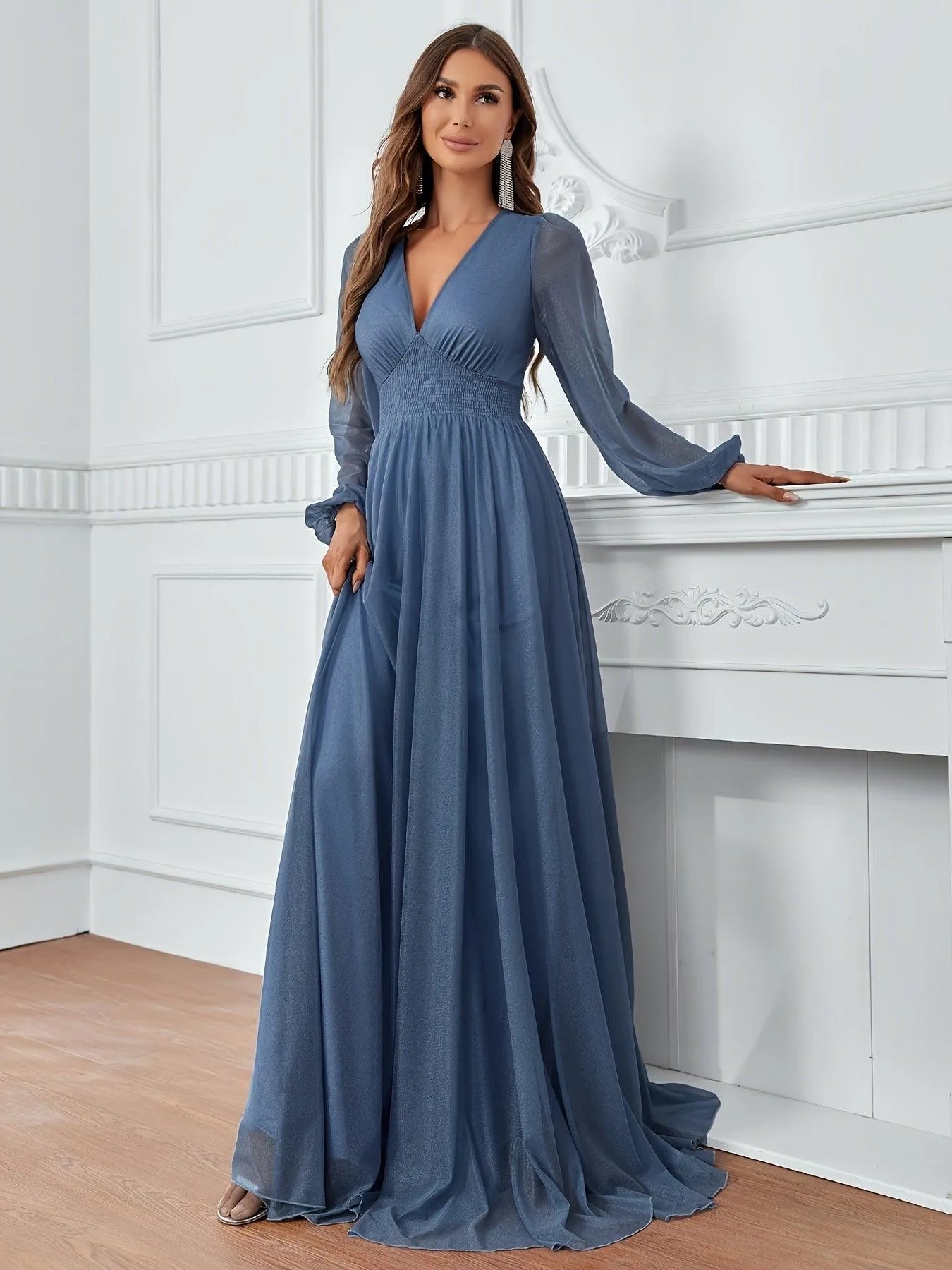 Elegant Shirred Waist Maxi A Line Dress - Elonnashop