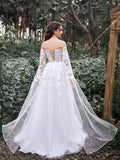 Gorgeous Off Shoulder Cape Sleeves Floral Applique Detail Wedding Dress - Elonnashop