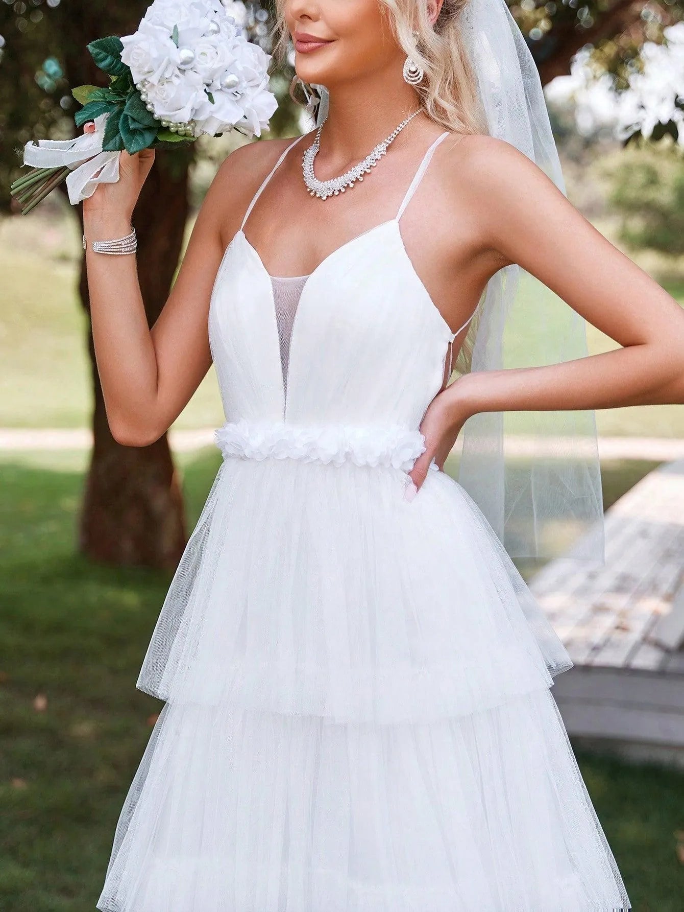 Cascading Ruffle Mesh Cami Wedding Dresses（Headpiece Not Included） - Elonnashop