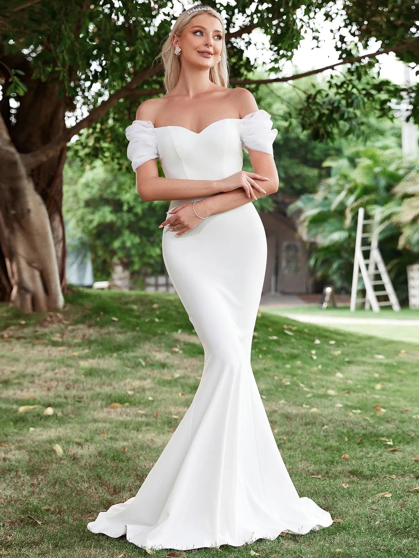 Off Shoulder Mermaid Hem Wedding Dress - Elonnashop