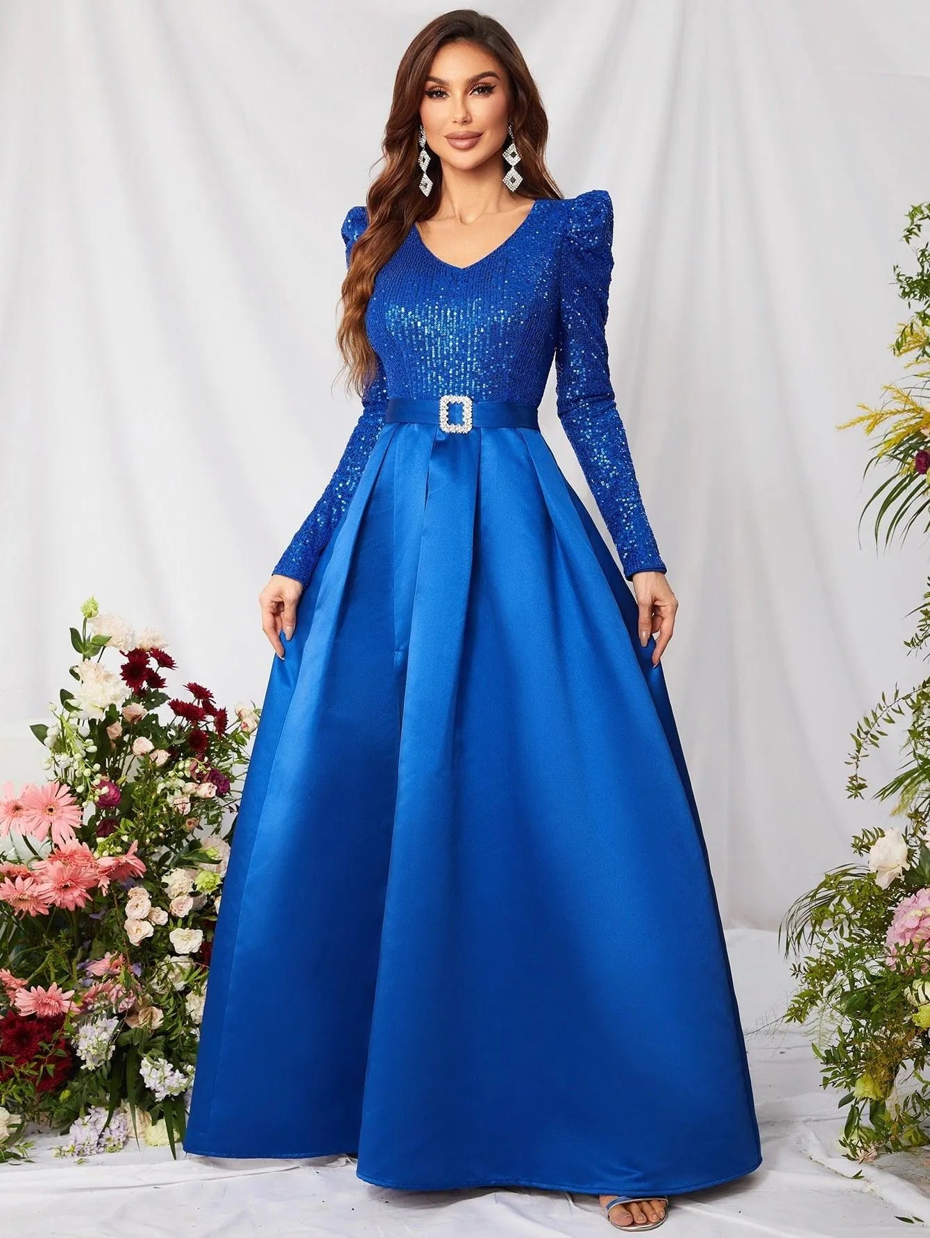 Elegant V Neck Gigot Sleeve Slit A Line Prom Dress - Elonnashop