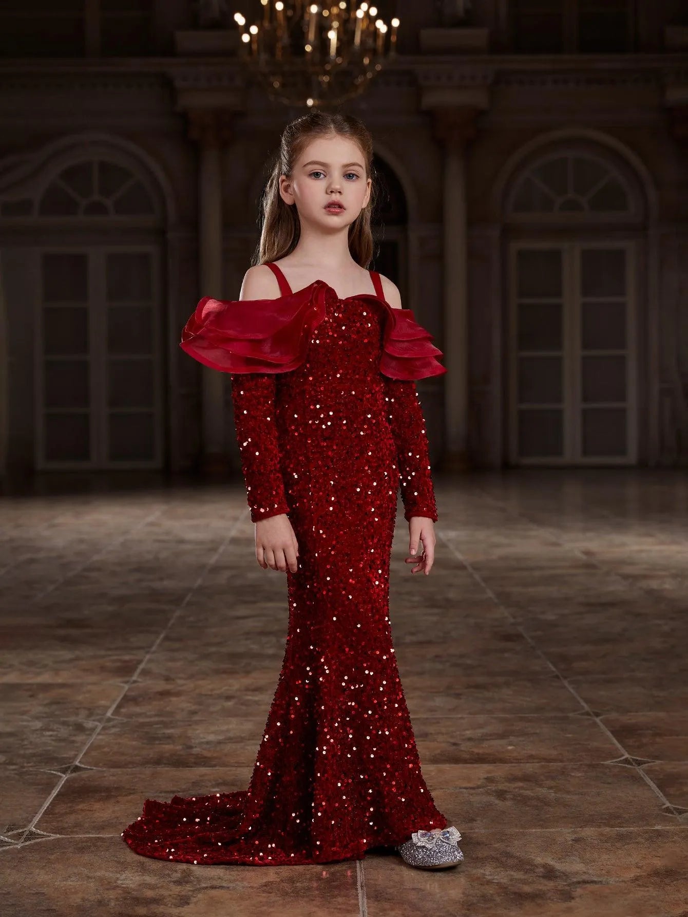 Tween Girls' Off Shoulder Ruffle Trim Sequin Mermaid Dress Elonnashop Tween Girls' Off Shoulder Ruffle Trim Sequin Mermaid Dress Elonnashop