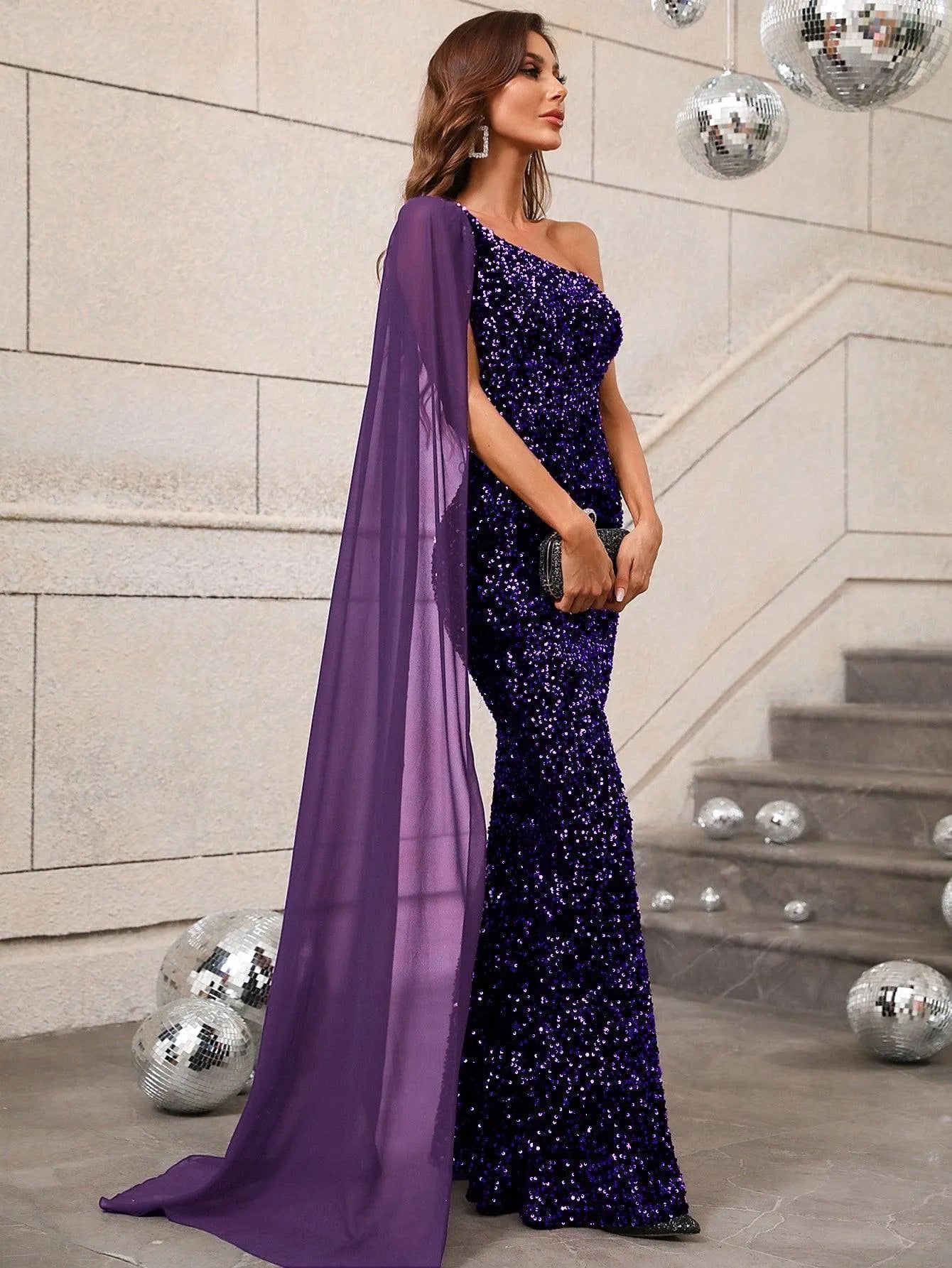 Elegant Sequin One Shoulder Sash Prom Dresses - Elonnashop