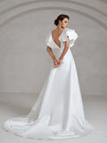 Backless Ruffle Layered Sleeve Satin Wedding Dress - Elonnashop