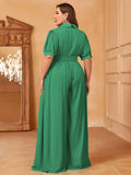 Plus Deep V Short Sleeve Wide Leg Jumpsuit