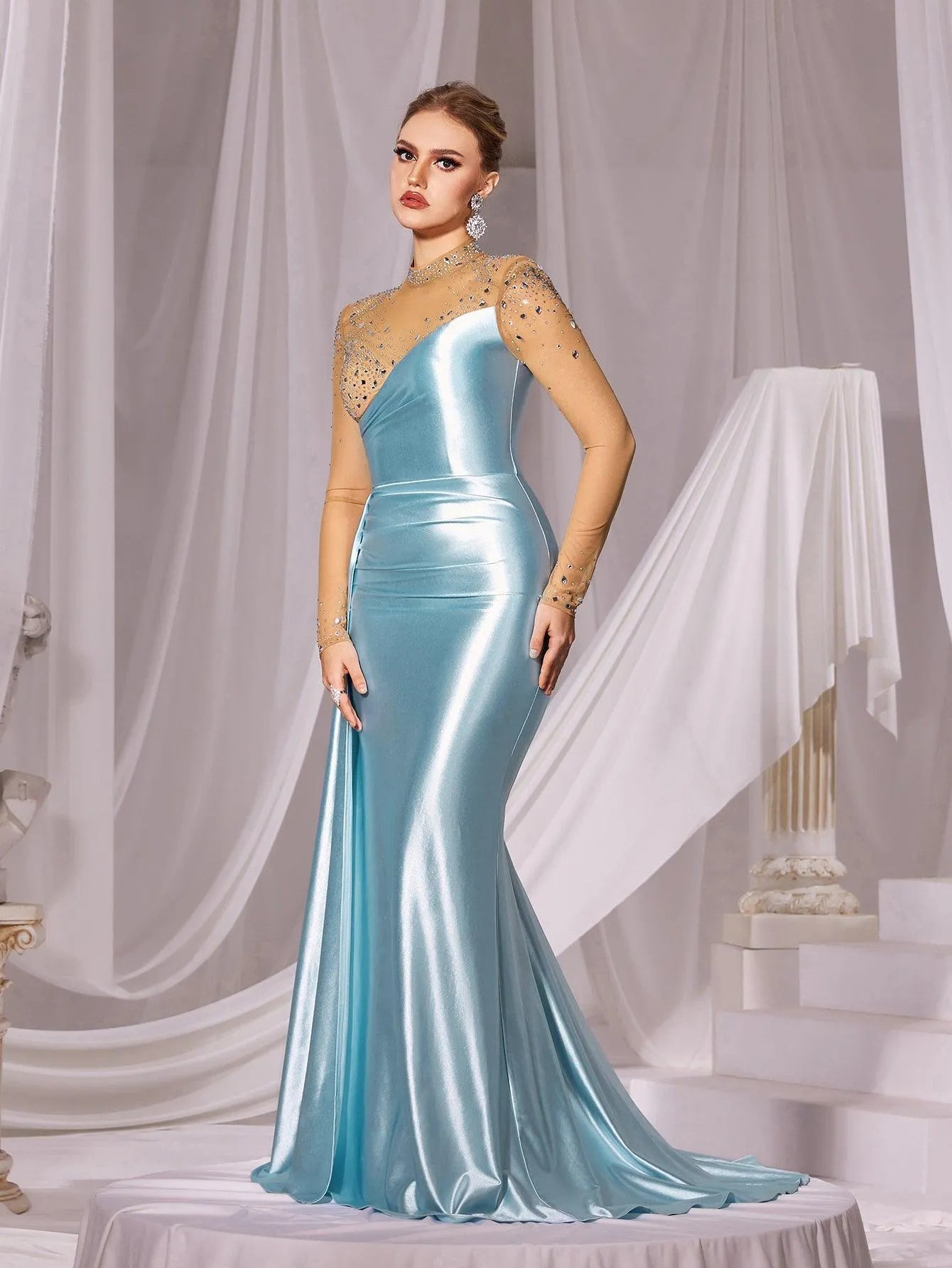 Rhinestone Detail Mock Neck Satin Mermaid Prom Dress - Elonnashop