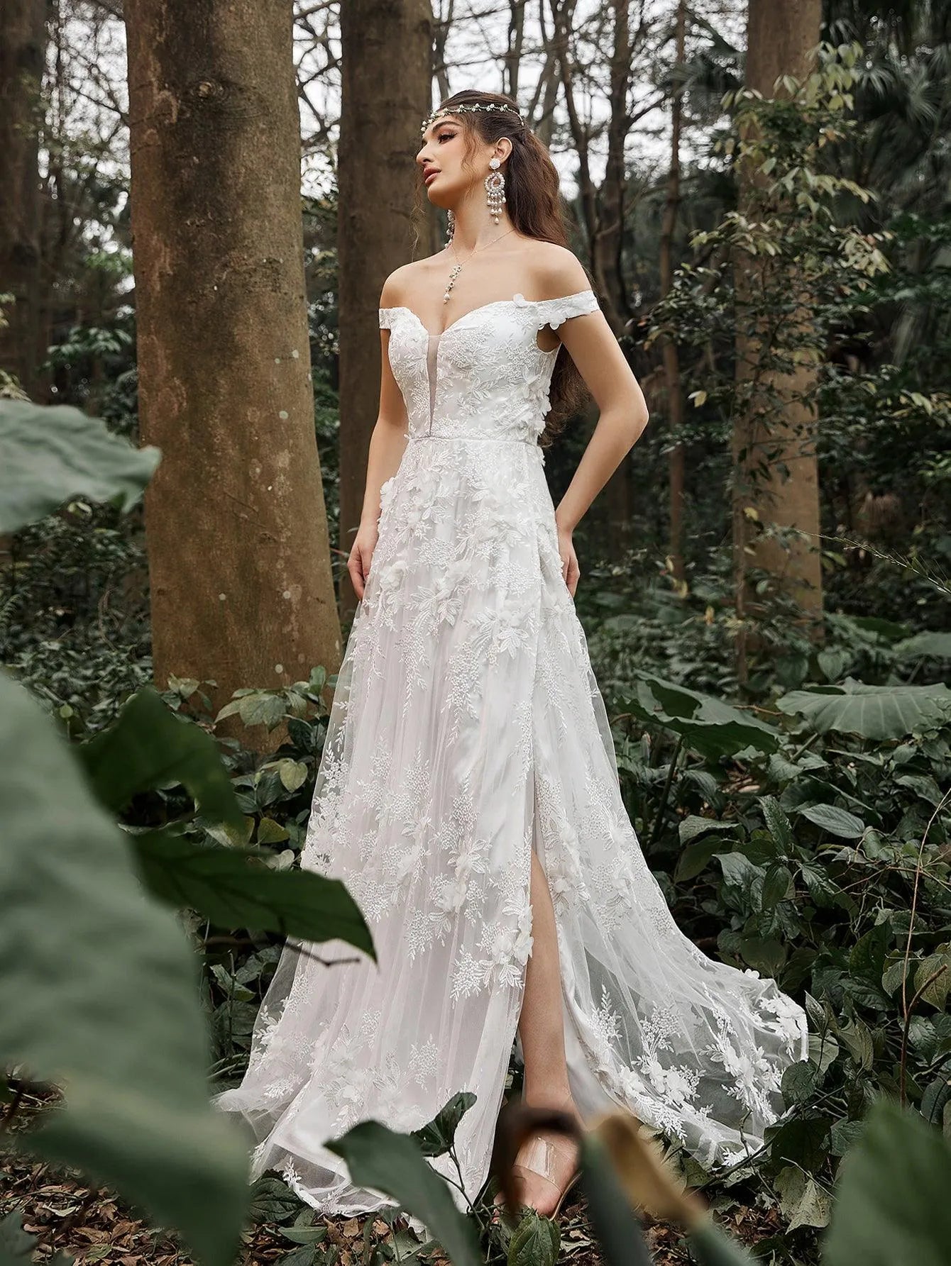 off shoulder high low wedding dress Simple A-Line Off the Shoulder Satin Long High Split Wedding Dress with Train