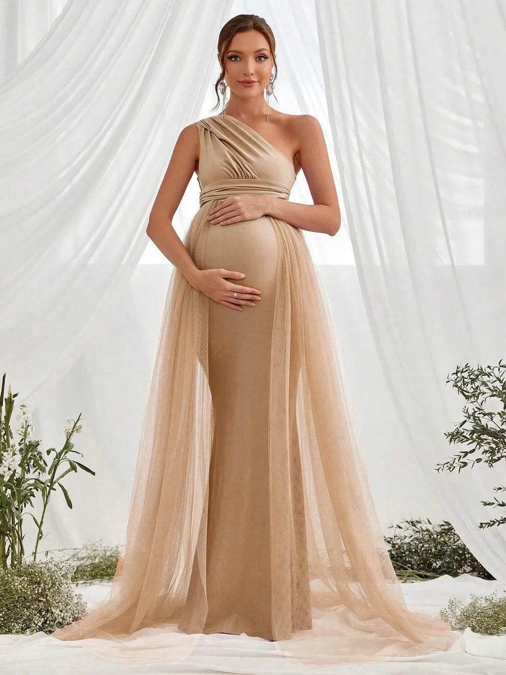 Maternity One Shoulder Contrast Mesh Mermaid Prom Dress - Elonnashop