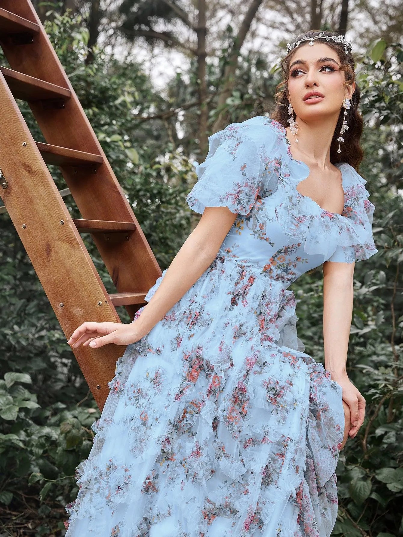 Elegant Ruffle Trim Puff Sleeves Floral Organza Prom Dress - Elonnashop