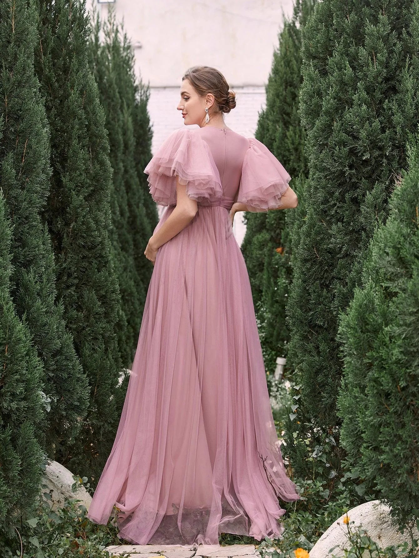 Maternity V Neck Layered Ruffle Sleeves Split Prom Dress - Elonnashop