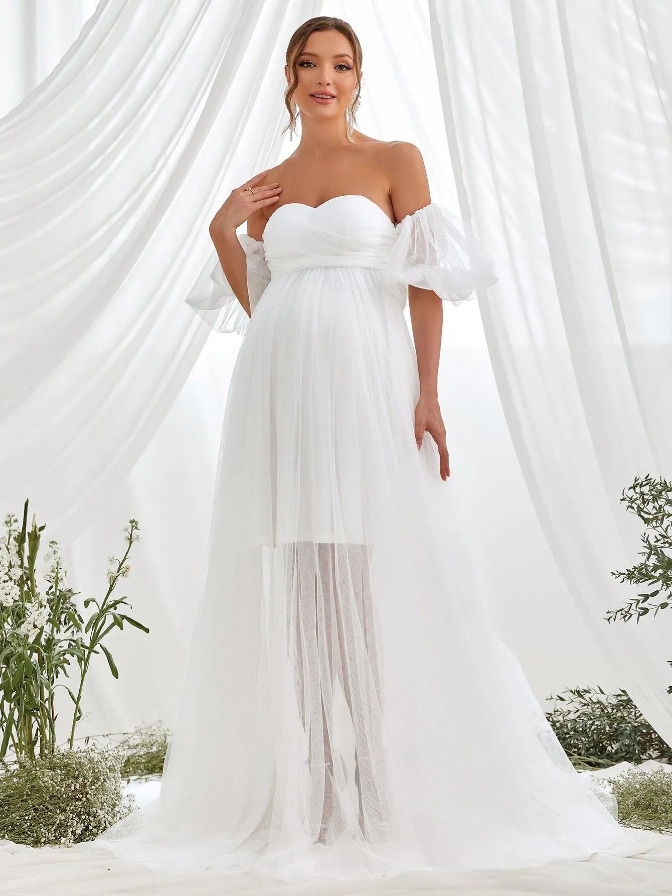 white maternity off the shoulder dress Pretty Perfect | White Maternity Ruched Mesh Bardot Maxi Dress