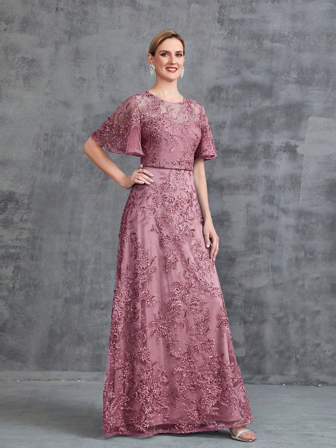 Womens‘ Floral Embroidered Butterfly Sleeves A Line Formal Evening Dress