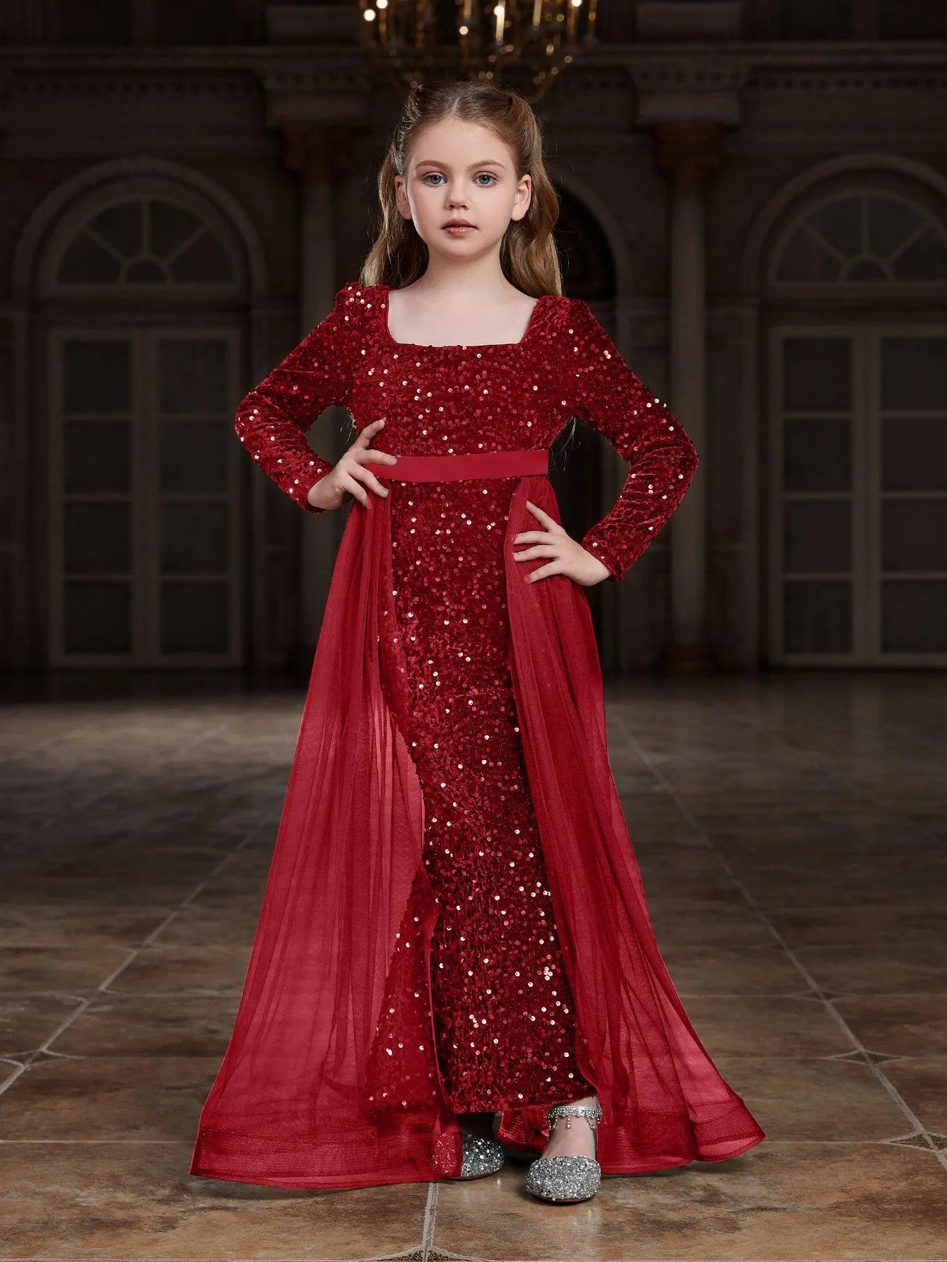 Tween Girls' Square Collar Long Sleeves Sequin Mermaid Dress Elonnashop Tween Girls' Square Collar Long Sleeves Sequin Mermaid Dress Elonnashop