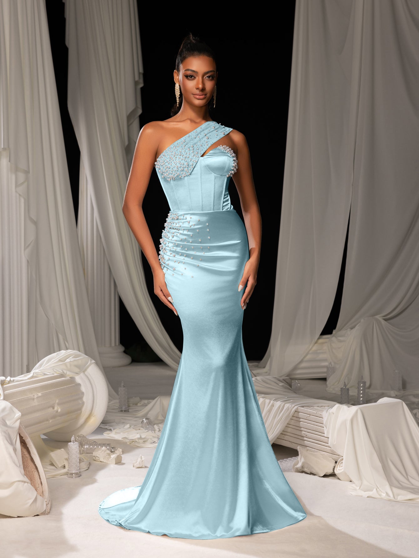 Elegant One Shoulder Mermaid Hem Satin Evening Dress with Pearl Accents