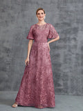 Womens‘ Floral Embroidered Butterfly Sleeves A Line Formal Evening Dress