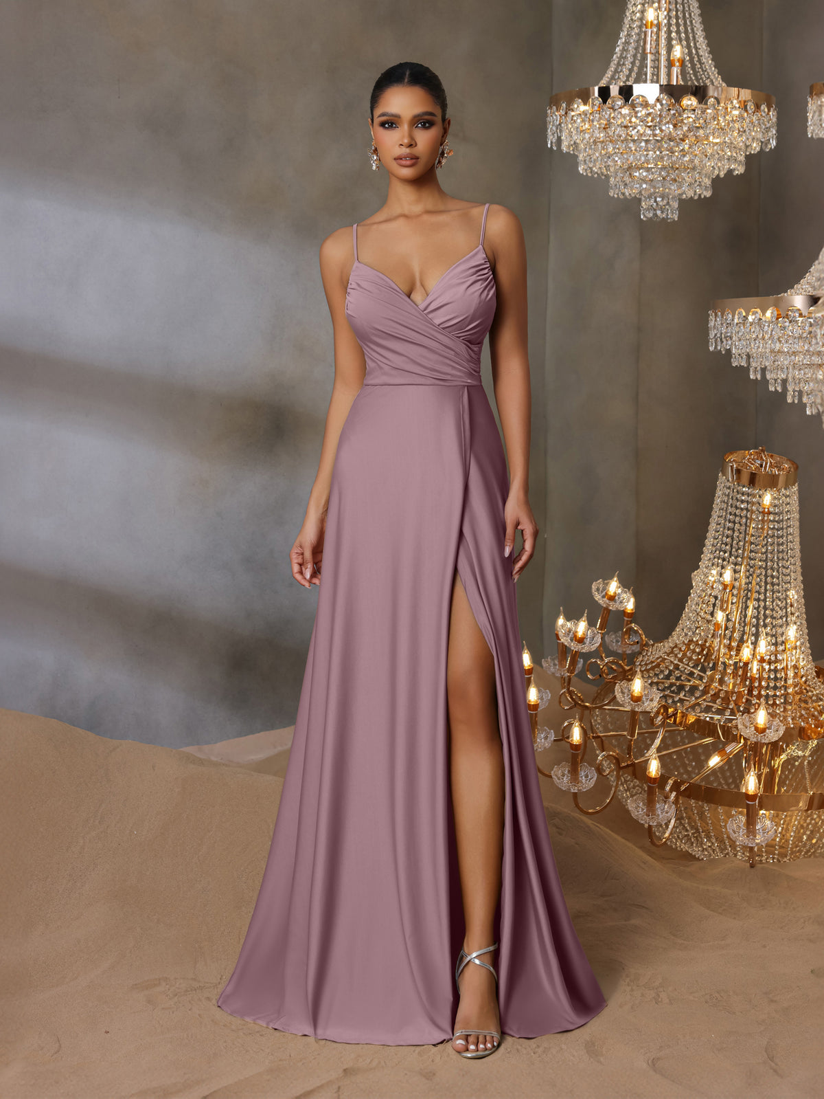 Solid V Neck Split Thigh Cami Bridesmaid Dress