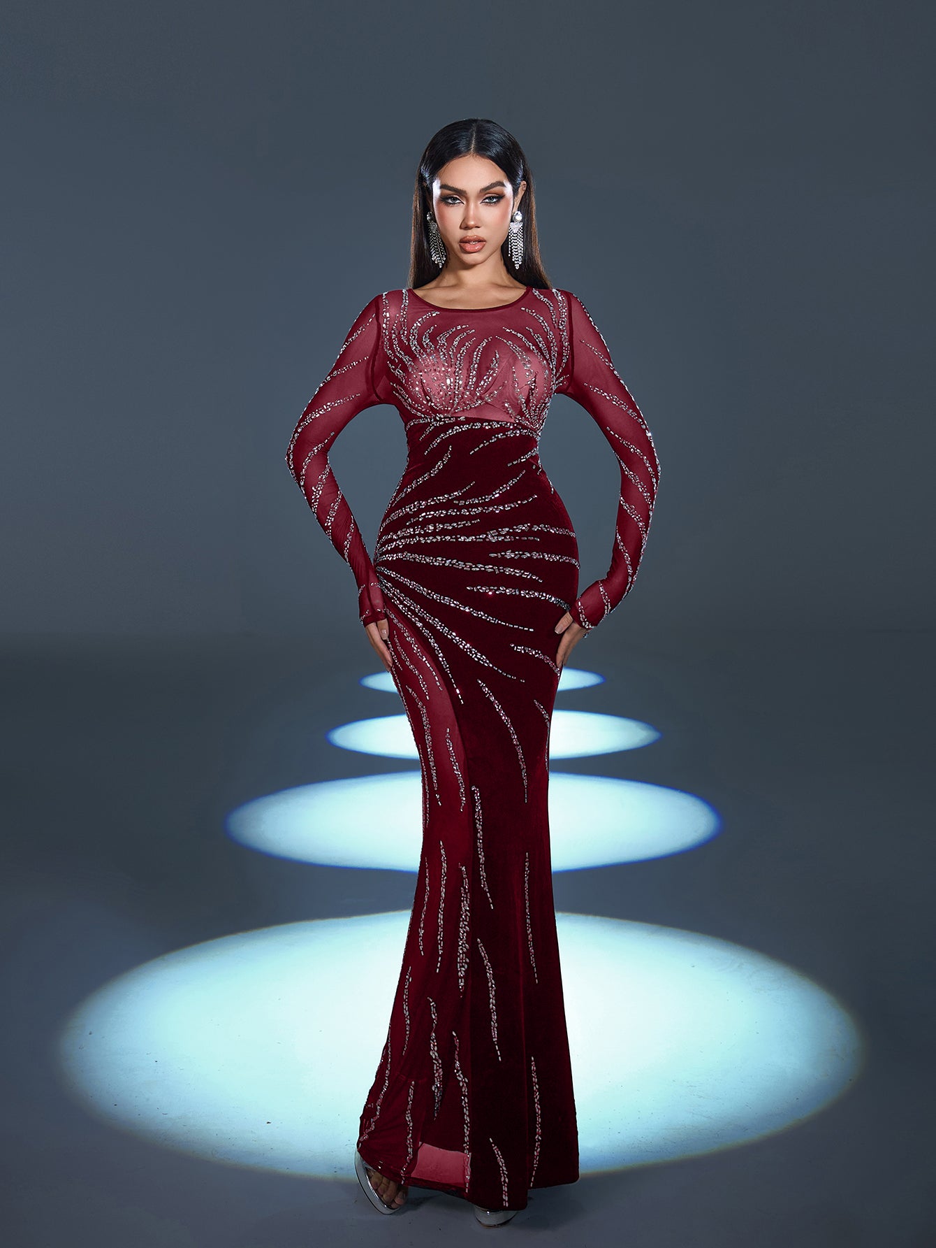 Gorgous Rhinestone Embellished Sheer Sleeves Mermaid Hem Velvet Evening Dress