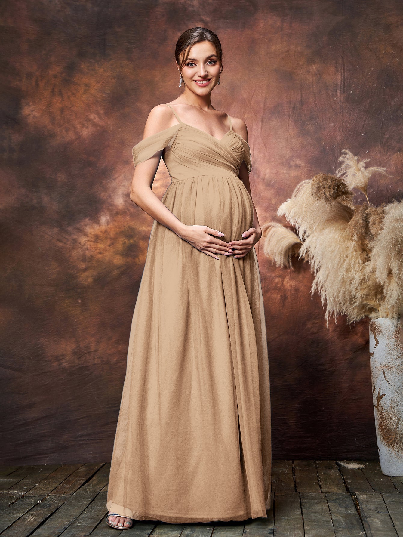 Maternity Cold Shoulder Ruched Bust Tulle Cami Party Dress