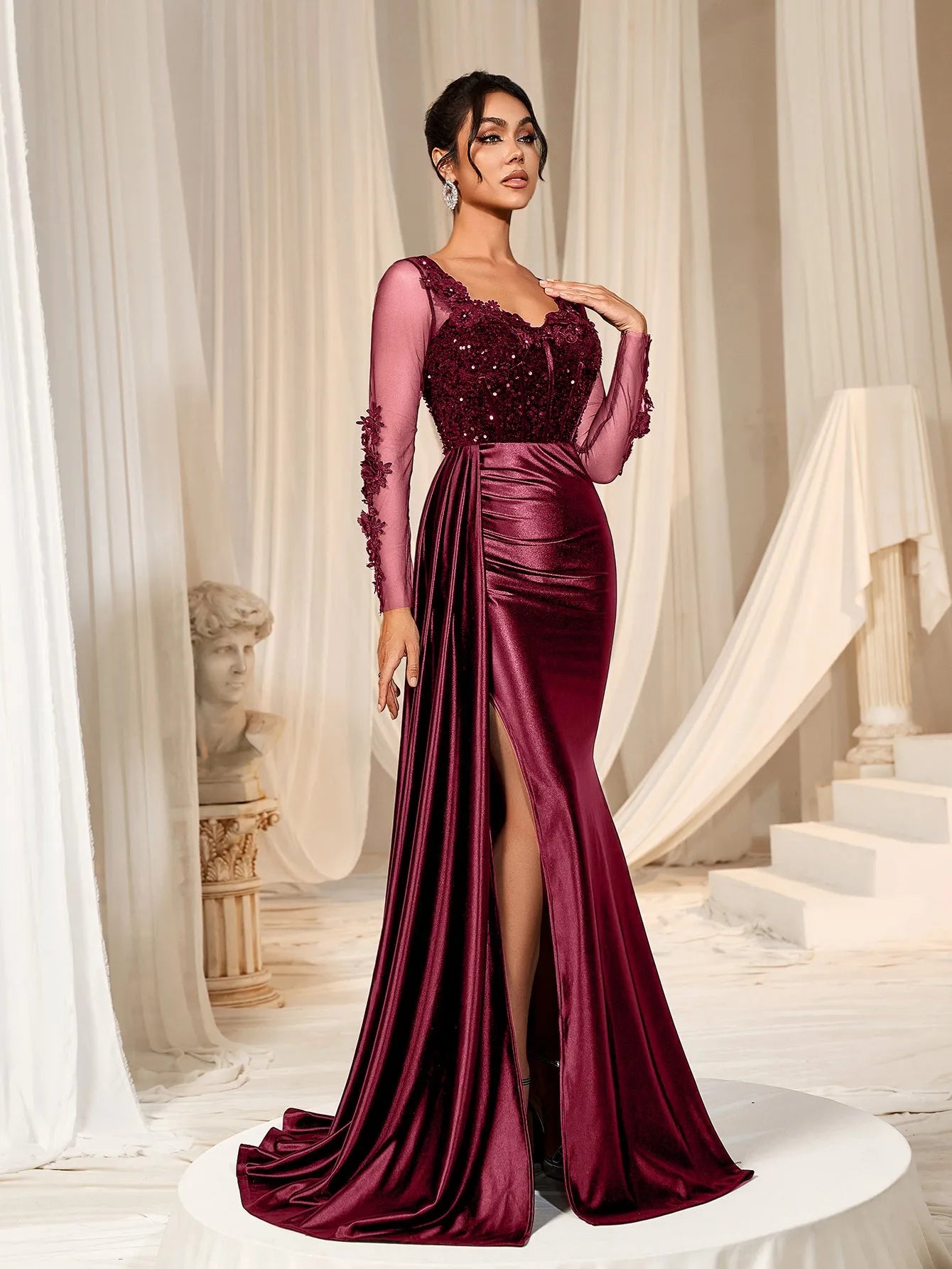 Elegant Sequin Bodice Sheer Sleeves Mermaid Hem Satin Evening Dress Elonnashop Elegant Sequin Bodice Sheer Sleeves Mermaid Hem Satin Evening Dress Elonnashop