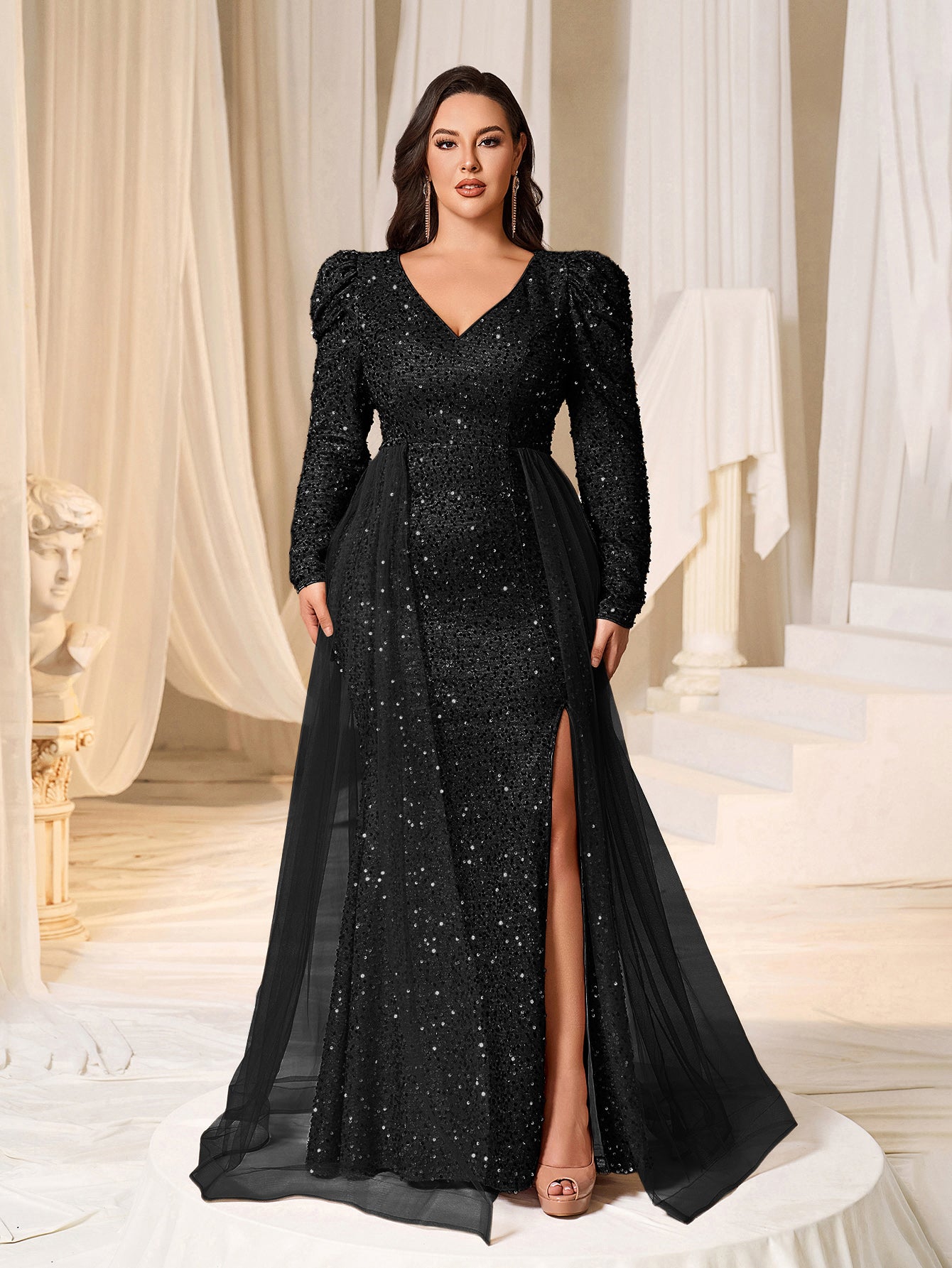 Plus Gigot Sleeves Split Mermaid Hem Sequin Formal Dress