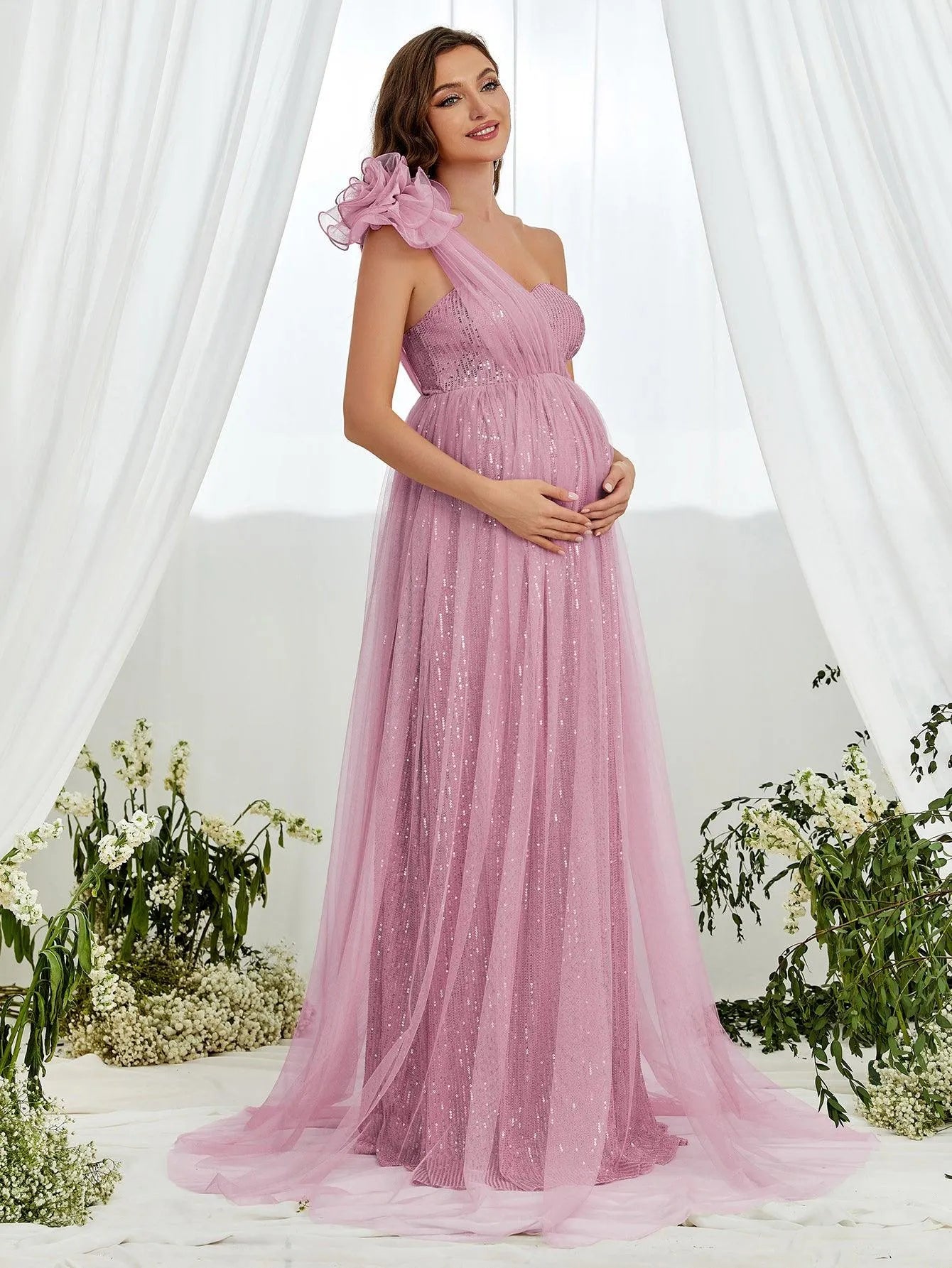 Maternity One Shoulder Contrast Mesh Sequin Formal Dress - Elonnashop