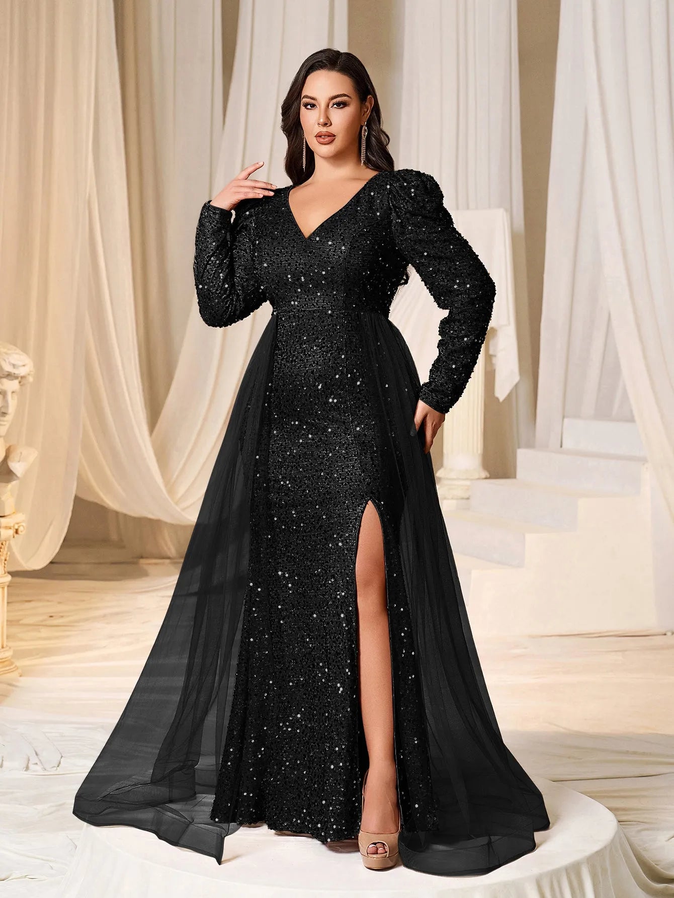 Azuki Women's Sequin Mermaid Evening Dress - Double V-Neck Long Gown For Parties