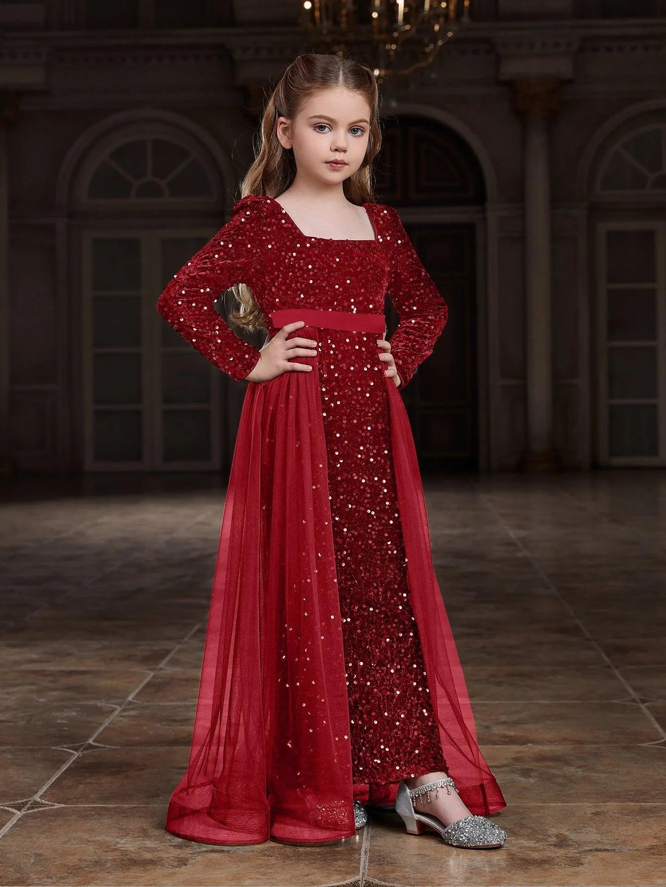 Tween Girls' Square Collar Long Sleeves Sequin Mermaid Dress – Elonnashop Tween Girls' Square Collar Long Sleeves Sequin Mermaid Dress – Elonnashop