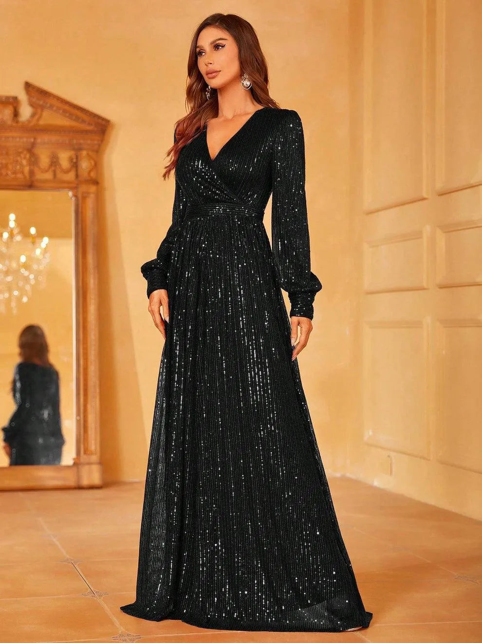 Elegant V Neck Long Sleeves Sequin A Line Dresses - Elonnashop