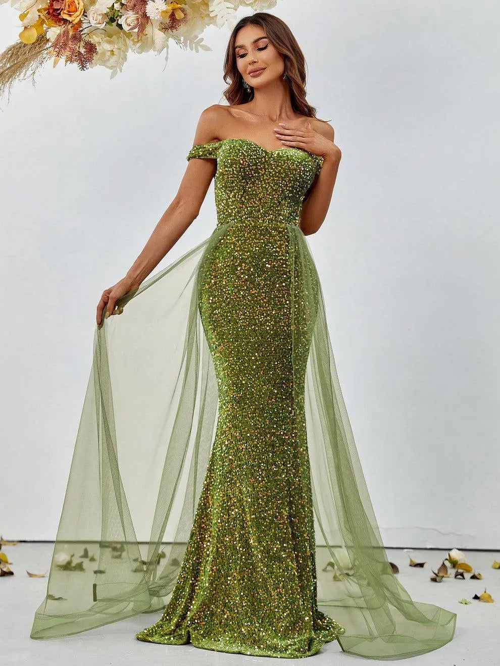 Off Shoulder Sequin Mermaid Dresses Mesh Layer On Waist - Elonnashop