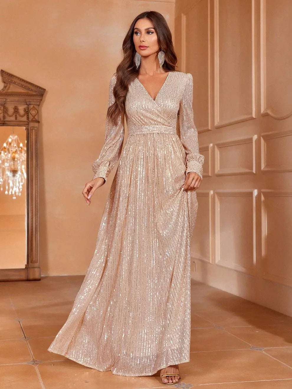 Elegant V Neck Long Sleeves Sequin A Line Dresses - Elonnashop