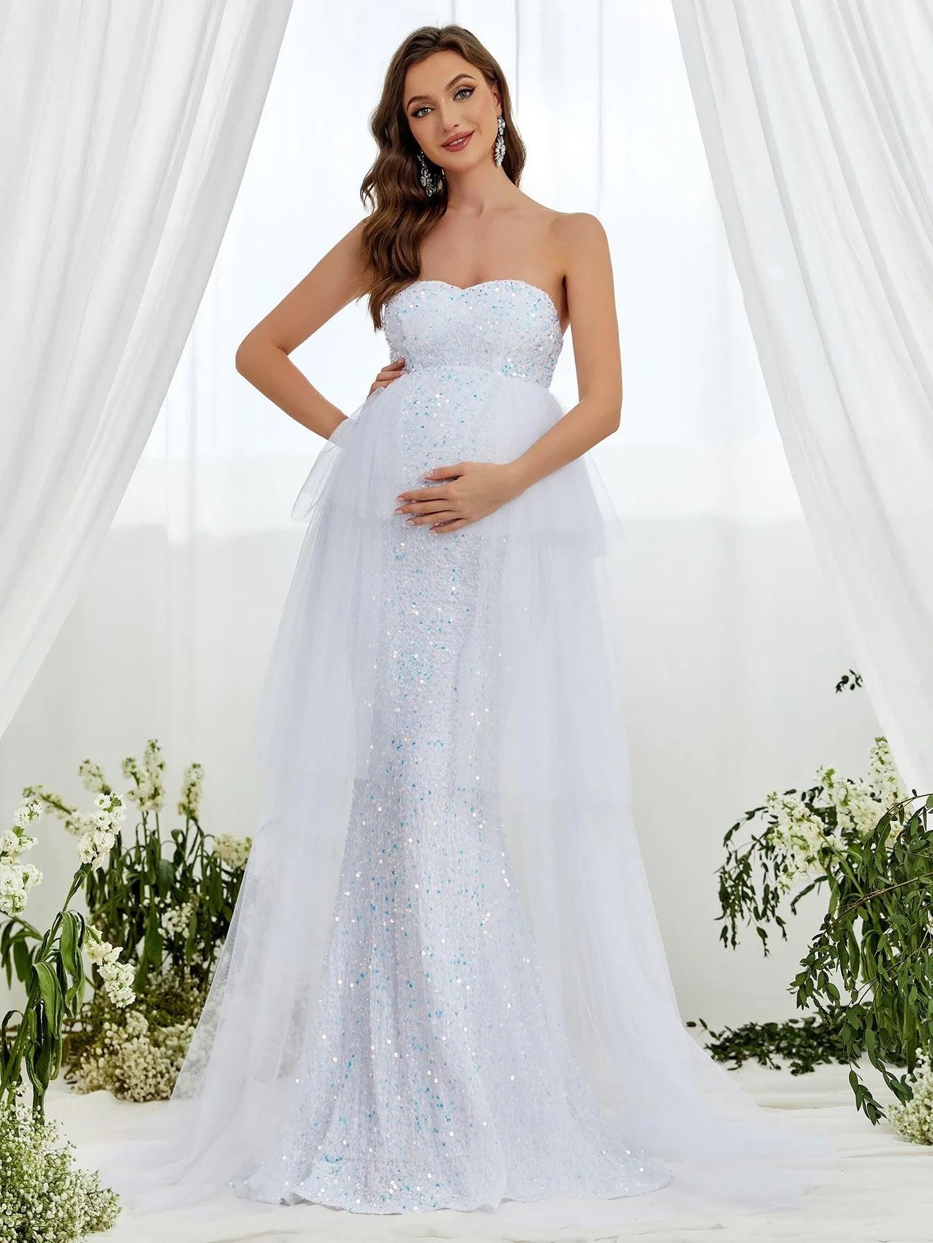 Maternity Mesh Overlay Mermaid Hem Sequin Tube Dress - Elonnashop