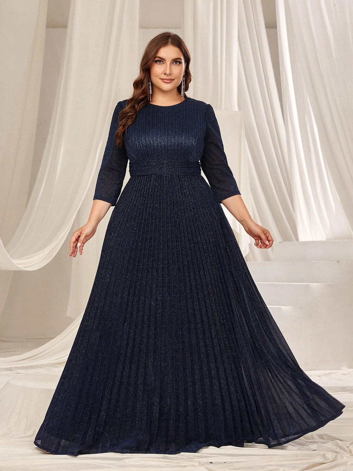 Plus Glitter 3/4 Sleeves Pleated A Line Evening Dress - Elonnashop