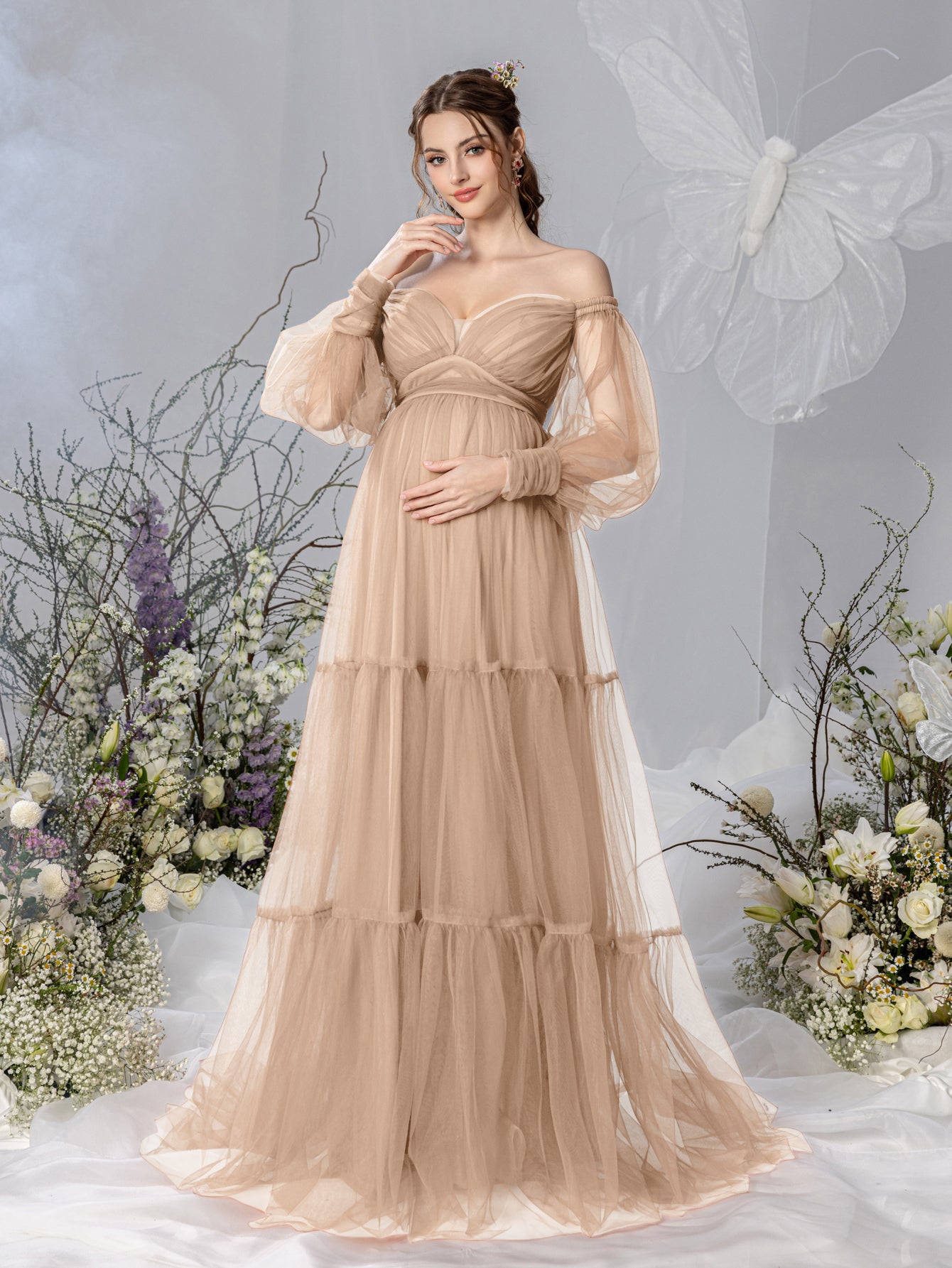 Maternity Off Shoulder Bishop Sleeves Layered Tulle Photography Dress