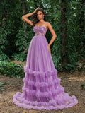 Gorgeous Floral Sequin Bodice Cascading Ruffle Hem Tulle Prom Dress